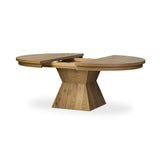 Featuring Leif Aged Natural Oak Veneer 60" Round Extension Dining Table by Four Hands at Amethyst Home. Inspired by European antiques, an extension dining table blends traditional and transitional design elements for a timeless look. A tapered, squared-off base supports a top that extends from a circle to an oval with a 20" leaf, accommodating up to 8 gu. Amethyst Home provides interior design, new home construction design consulting, vintage area rugs, and lighting in the Laguna Beach metro area.