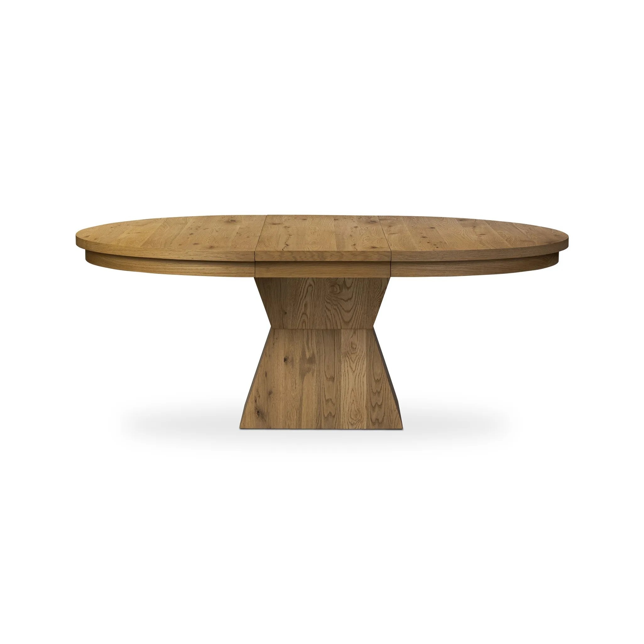 Featuring Leif Aged Natural Oak Veneer 60" Round Extension Dining Table by Four Hands at Amethyst Home. Inspired by European antiques, an extension dining table blends traditional and transitional design elements for a timeless look. A tapered, squared-off base supports a top that extends from a circle to an oval with a 20" leaf, accommodating up to 8 guests.Ov. Amethyst Home provides interior design, new home construction design consulting, vintage area rugs, and lighting in the Miami metro area.