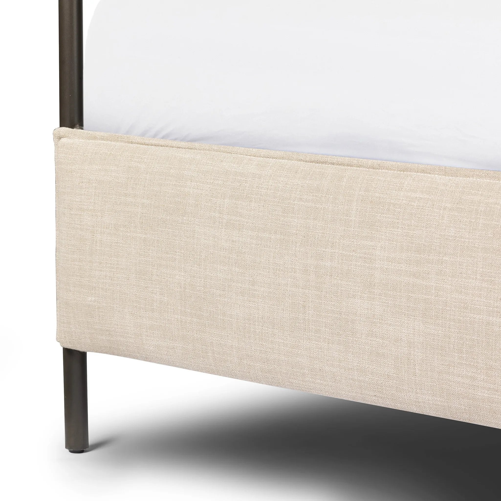 Featuring Leigh Palm Ecru Canopy Bed by Four Hands at Amethyst Home. Safari styling gets refreshed with modern-minded high-performance fabric. Leather straps secure decorative suspended headboard pillows. Box spring required. This bed is not compatible with an adjustable mattress.KingOverall Dimensions: 80.75"w x 84.75"d x 82.25"hWeight: 212.74 lbsQueenOverall. Amethyst Home provides interior design, new home construction design consulting, vintage area rugs, and lighting in the Dallas metro area.