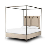 Featuring Leigh Palm Ecru Canopy Bed by Four Hands at Amethyst Home. Safari styling gets refreshed with modern-minded high-performance fabric. Leather straps secure decorative suspended headboard pillows. Box spring required. This bed is not compatible with an adjustable mattress.KingOverall Dimensions: 80.75"w x 84.75"d x 82.25"hWeight: 212.74 lbsQueenOve. Amethyst Home provides interior design, new home construction design consulting, vintage area rugs, and lighting in the Des Moines metro area.