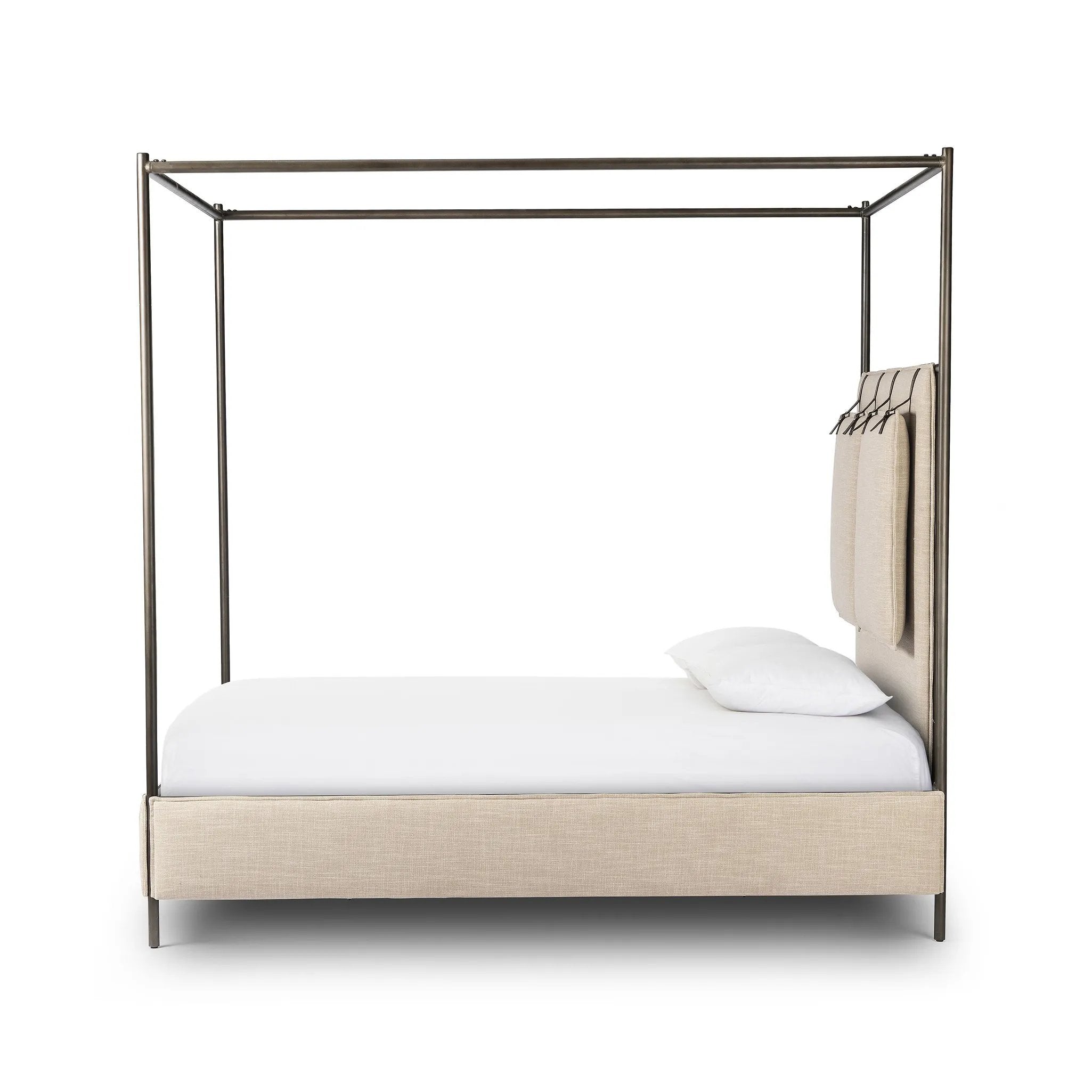 Featuring Leigh Palm Ecru Canopy Bed by Four Hands at Amethyst Home. Safari styling gets refreshed with modern-minded high-performance fabric. Leather straps secure decorative suspended headboard pillows. Box spring required. This bed is not compatible with an adjustable mattress.KingOverall Dimensions: 80.75"w x 84.75"d x 82.25"hWeight: 212.74 lbsQueenOv. Amethyst Home provides interior design, new home construction design consulting, vintage area rugs, and lighting in the Los Angeles metro area.
