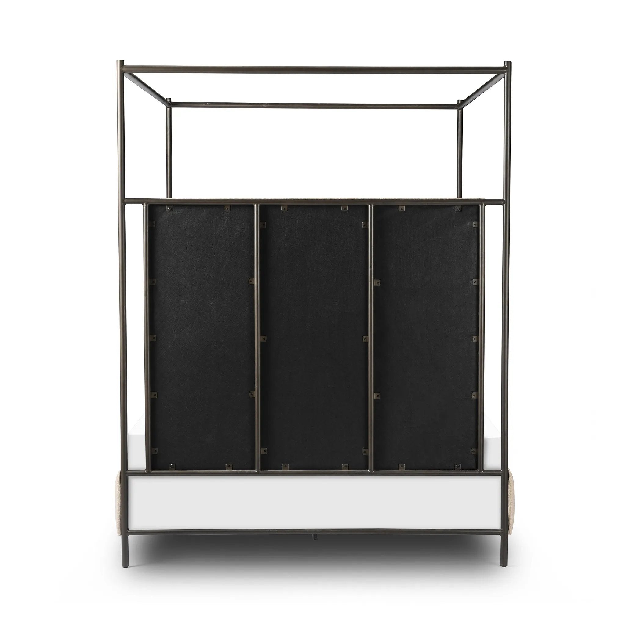 Featuring Leigh Palm Ecru Canopy Bed by Four Hands at Amethyst Home. Safari styling gets refreshed with modern-minded high-performance fabric. Leather straps secure decorative suspended headboard pillows. Box spring required. This bed is not compatible with an adjustable mattress.KingOverall Dimensions: 80.75"w x 84.75"d x 82.25"hWeight: 212.74 lbsQueenOverall . Amethyst Home provides interior design, new home construction design consulting, vintage area rugs, and lighting in the Omaha metro area.