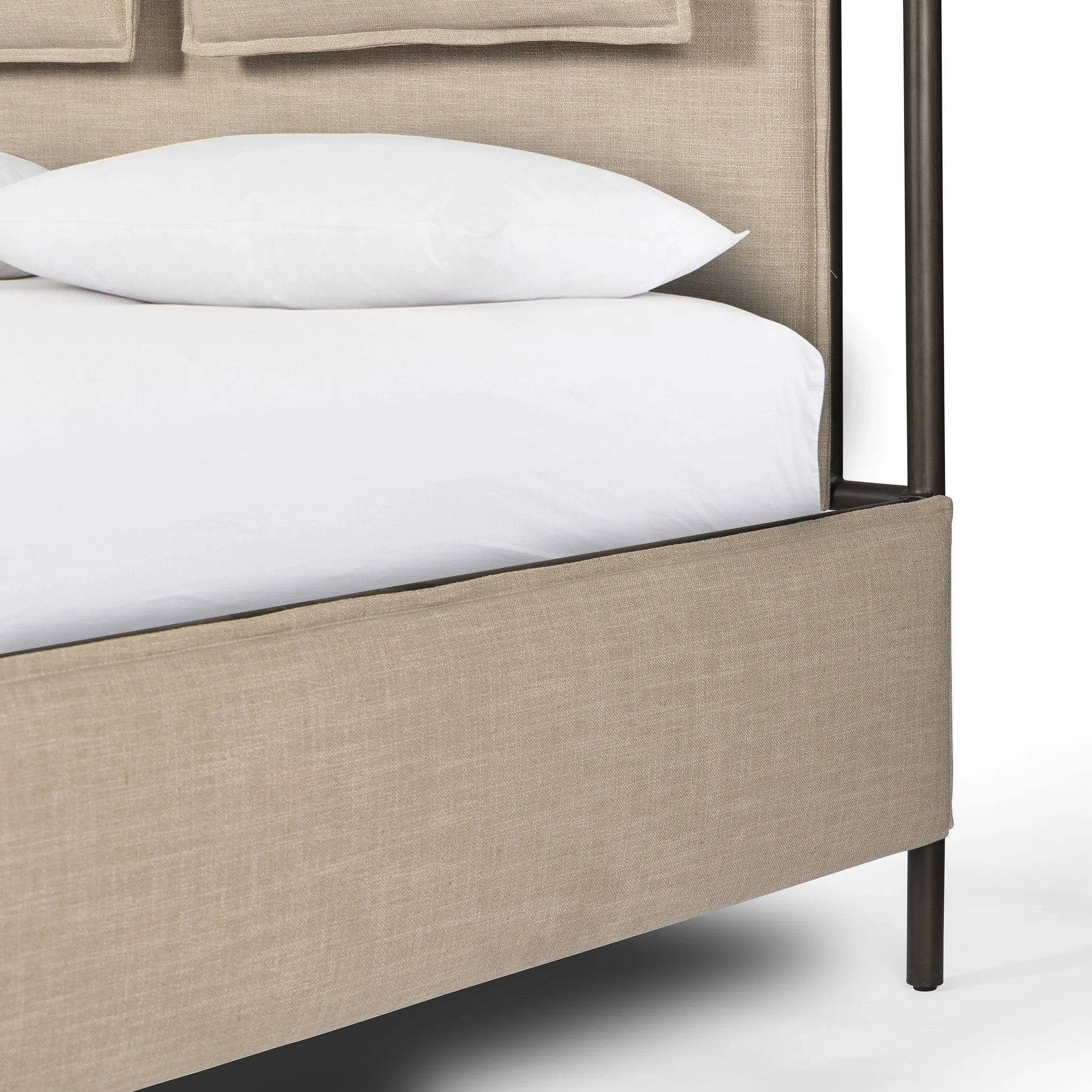 Featuring Leigh Palm Ecru Canopy Bed by Four Hands at Amethyst Home. Safari styling gets refreshed with modern-minded high-performance fabric. Leather straps secure decorative suspended headboard pillows. Box spring required. This bed is not compatible with an adjustable mattress.KingOverall Dimensions: 80.75"w x 84.75"d x 82.25"hWeight: 212.74 lbsQueenOvera. Amethyst Home provides interior design, new home construction design consulting, vintage area rugs, and lighting in the Portland metro area.