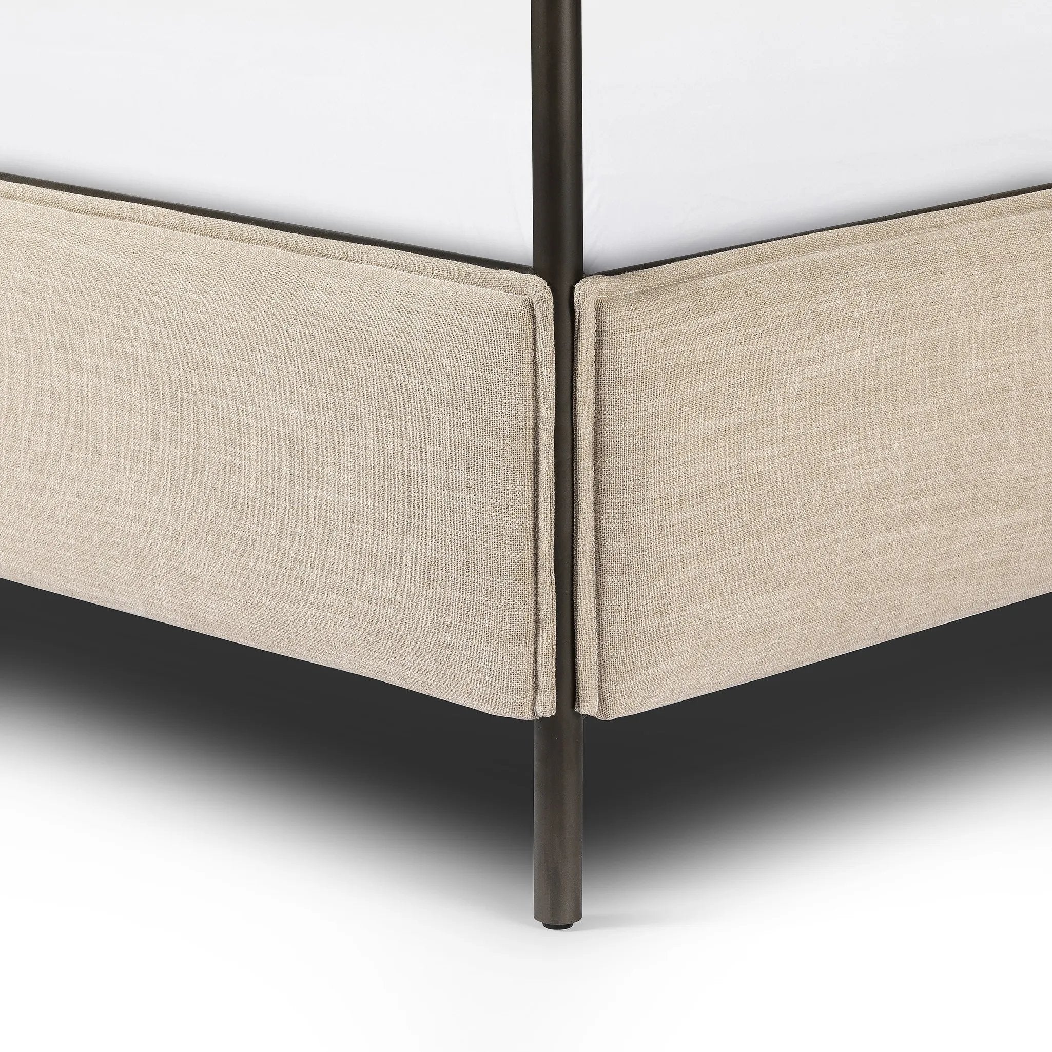 Featuring Leigh Palm Ecru Canopy Bed by Four Hands at Amethyst Home. Safari styling gets refreshed with modern-minded high-performance fabric. Leather straps secure decorative suspended headboard pillows. Box spring required. This bed is not compatible with an adjustable mattress.KingOverall Dimensions: 80.75"w x 84.75"d x 82.25"hWeight: 212.74 lbsQueenOveral. Amethyst Home provides interior design, new home construction design consulting, vintage area rugs, and lighting in the Seattle metro area.