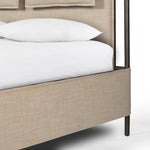 Featuring Leigh Palm Ecru Canopy Bed by Four Hands at Amethyst Home. Safari styling gets refreshed with modern-minded high-performance fabric. Leather straps secure decorative suspended headboard pillows. Box spring required. This bed is not compatible with an adjustable mattress.KingOverall Dimensions: 80.75"w x 84.75"d x 82.25"hWeight: 212.74 lbsQueen. Amethyst Home provides interior design, new home construction design consulting, vintage area rugs, and lighting in the Winter Garden metro area.