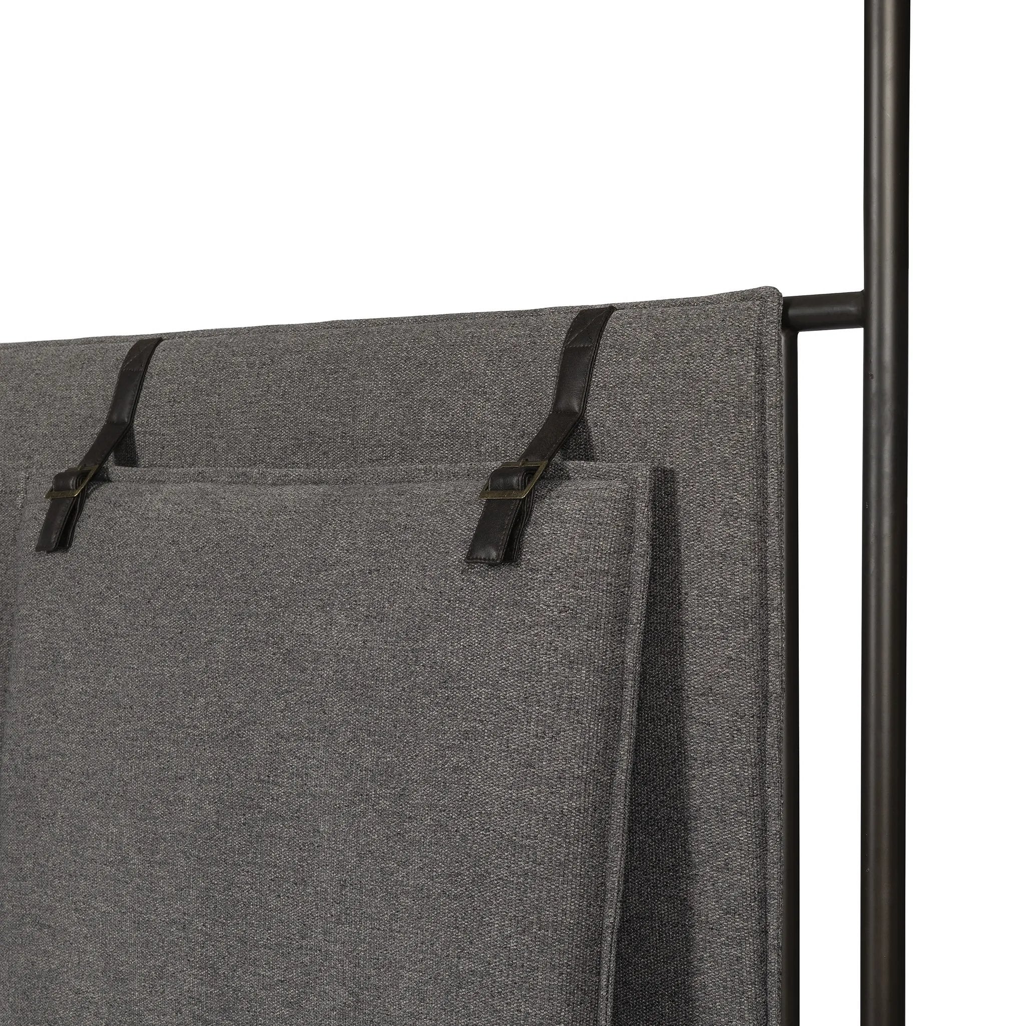 Featuring Leigh San Remo Ash Canopy Bed by Four Hands at Amethyst Home. Safari styling gets refreshed with ash grey fabric and leather straps that secure decorative suspended headboard pillows. Box spring required. This bed is not compatible with an adjustable mattress.KingOverall Dimensions: 80.75"w x 84.75"d x 82.25"hWeight: 212.74 lbsQueenOverall Dimensions. Amethyst Home provides interior design, new home construction design consulting, vintage area rugs, and lighting in the Boston metro area.