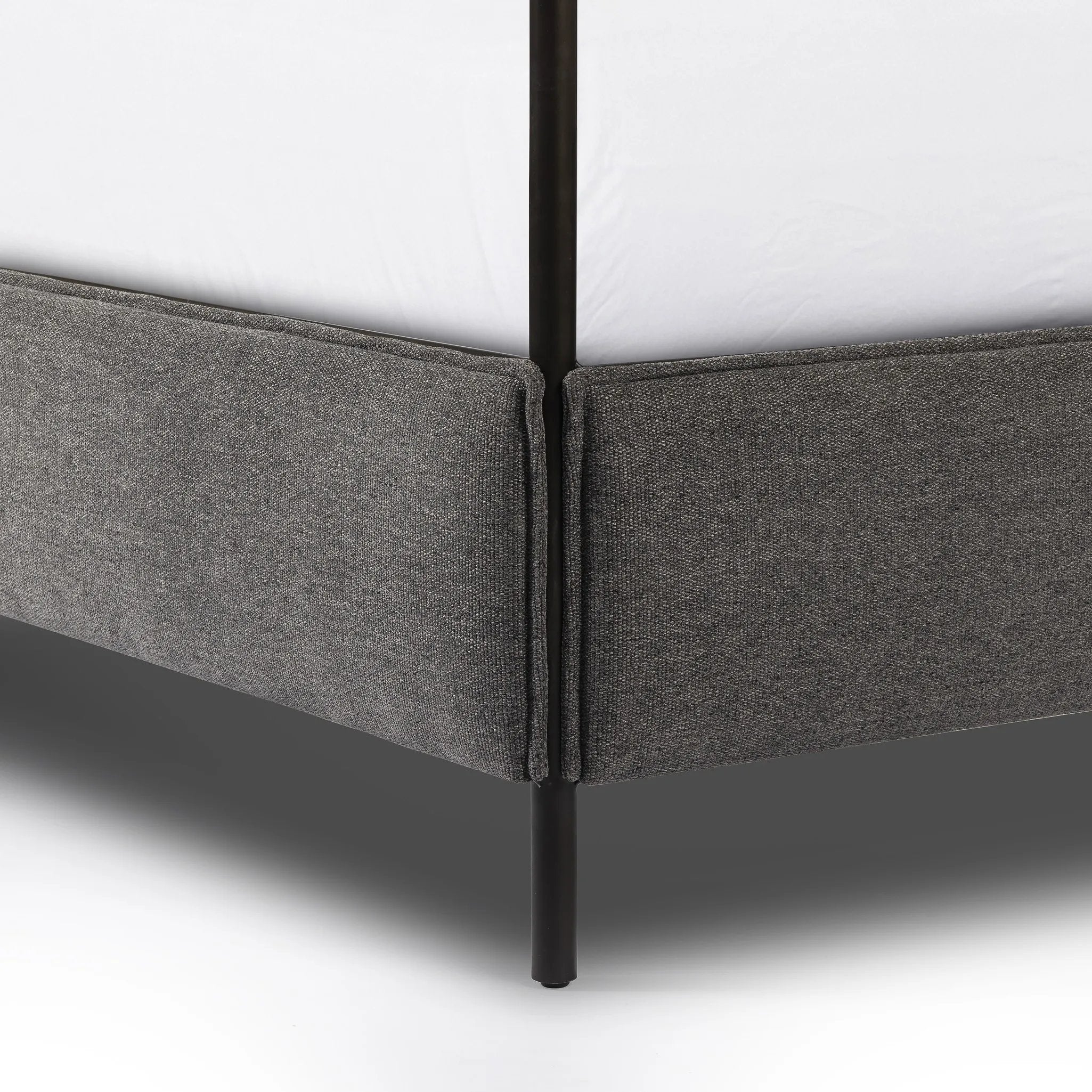 Featuring Leigh San Remo Ash Canopy Bed by Four Hands at Amethyst Home. Safari styling gets refreshed with ash grey fabric and leather straps that secure decorative suspended headboard pillows. Box spring required. This bed is not compatible with an adjustable mattress.KingOverall Dimensions: 80.75"w x 84.75"d x 82.25"hWeight: 212.74 lbsQueenOverall Dimen. Amethyst Home provides interior design, new home construction design consulting, vintage area rugs, and lighting in the Los Angeles metro area.