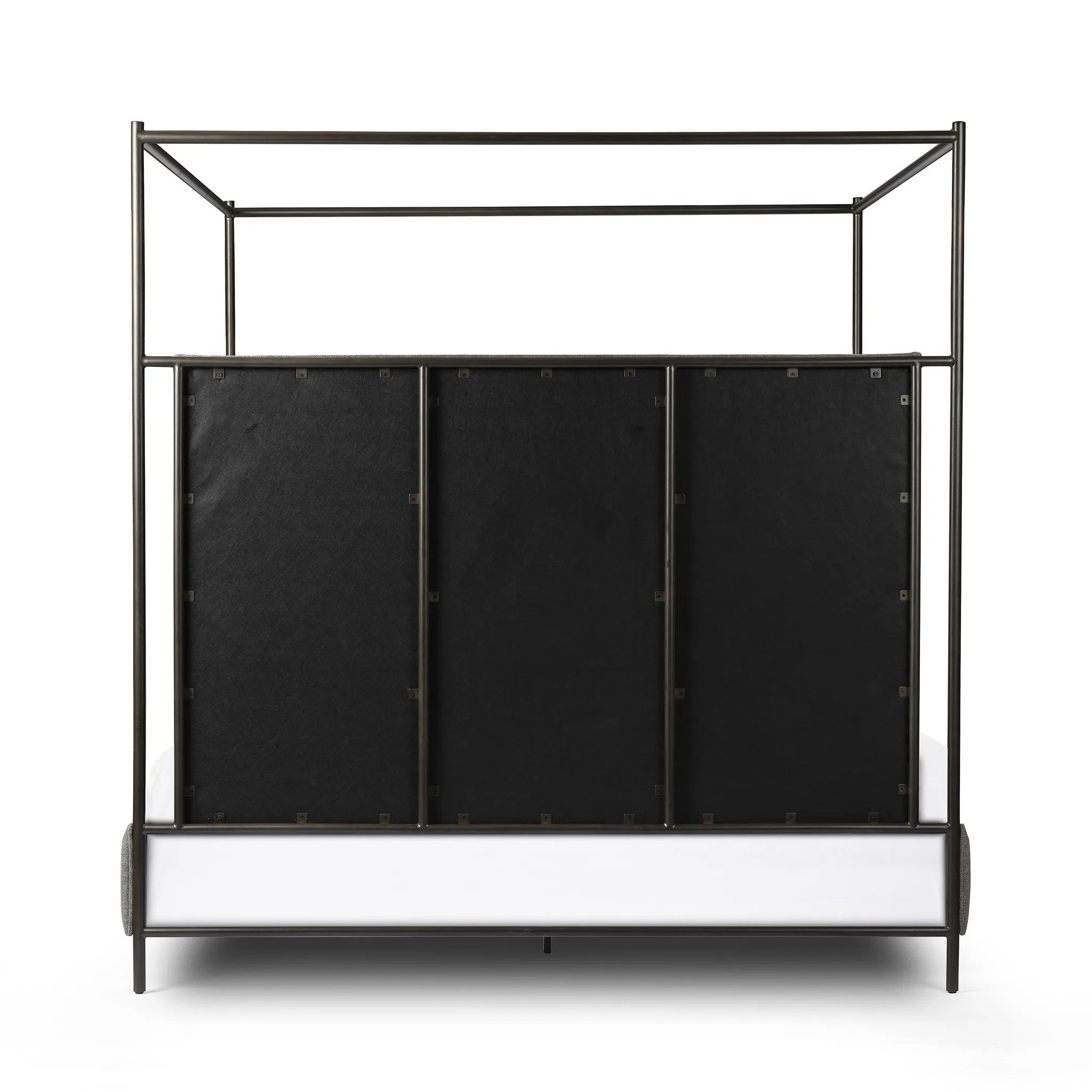 Featuring Leigh San Remo Ash Canopy Bed by Four Hands at Amethyst Home. Safari styling gets refreshed with ash grey fabric and leather straps that secure decorative suspended headboard pillows. Box spring required. This bed is not compatible with an adjustable mattress.KingOverall Dimensions: 80.75"w x 84.75"d x 82.25"hWeight: 212.74 lbsQueenOverall Dimens. Amethyst Home provides interior design, new home construction design consulting, vintage area rugs, and lighting in the Scottsdale metro area.