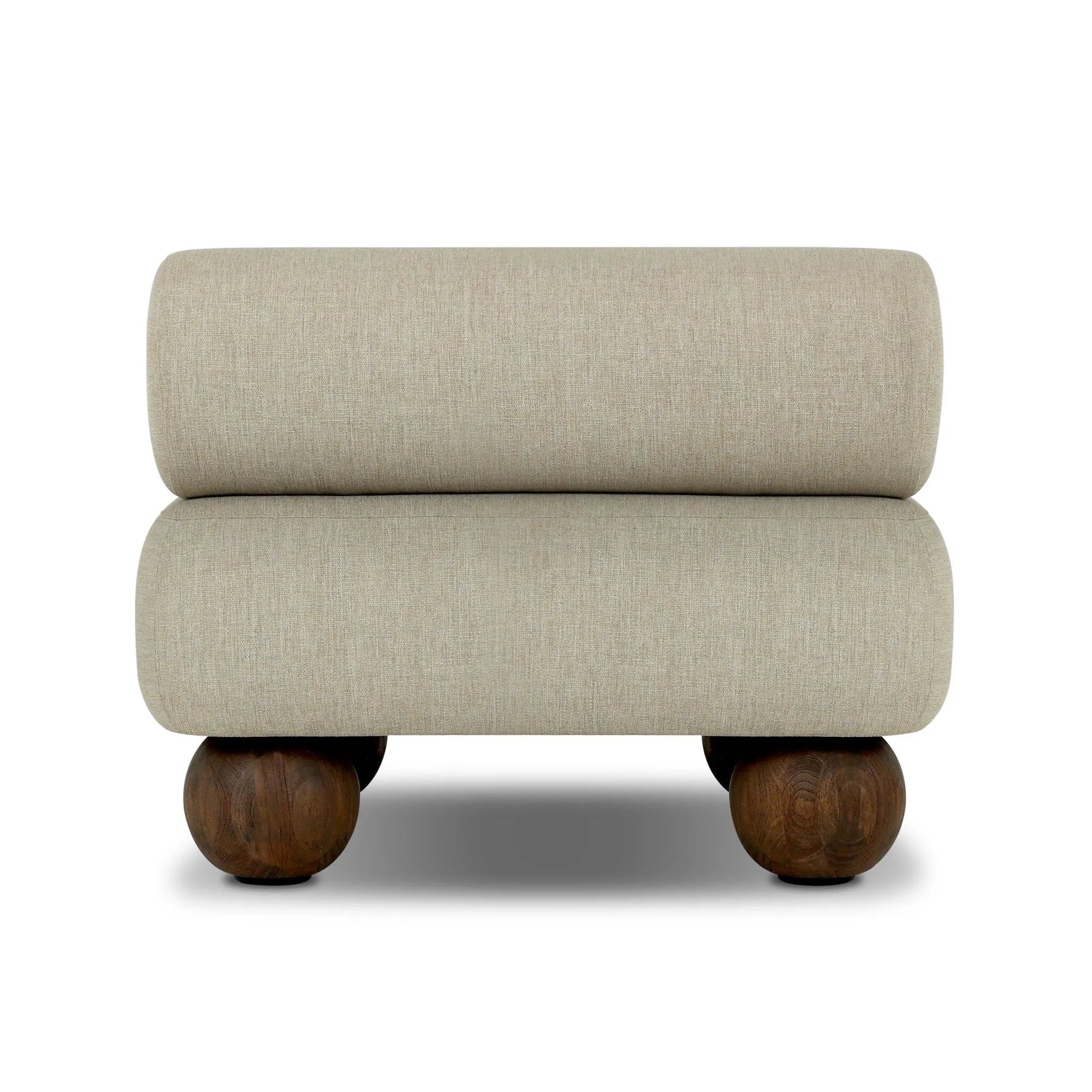 Add a little fun to your space with this boldly shaped outdoor chair. Fully upholstered seat and bolster back finish in teak ball feet. Cover or store inside during inclement weather or when not in use.As enthusiasts of luxe materials at Amethyst, we love the optimistic inspired Leilani Outdoor Chair - Alessi Buff. Amethyst Home provides interior design, new home construction design consulting, vintage area rugs, and lighting in the San Diego metro area.