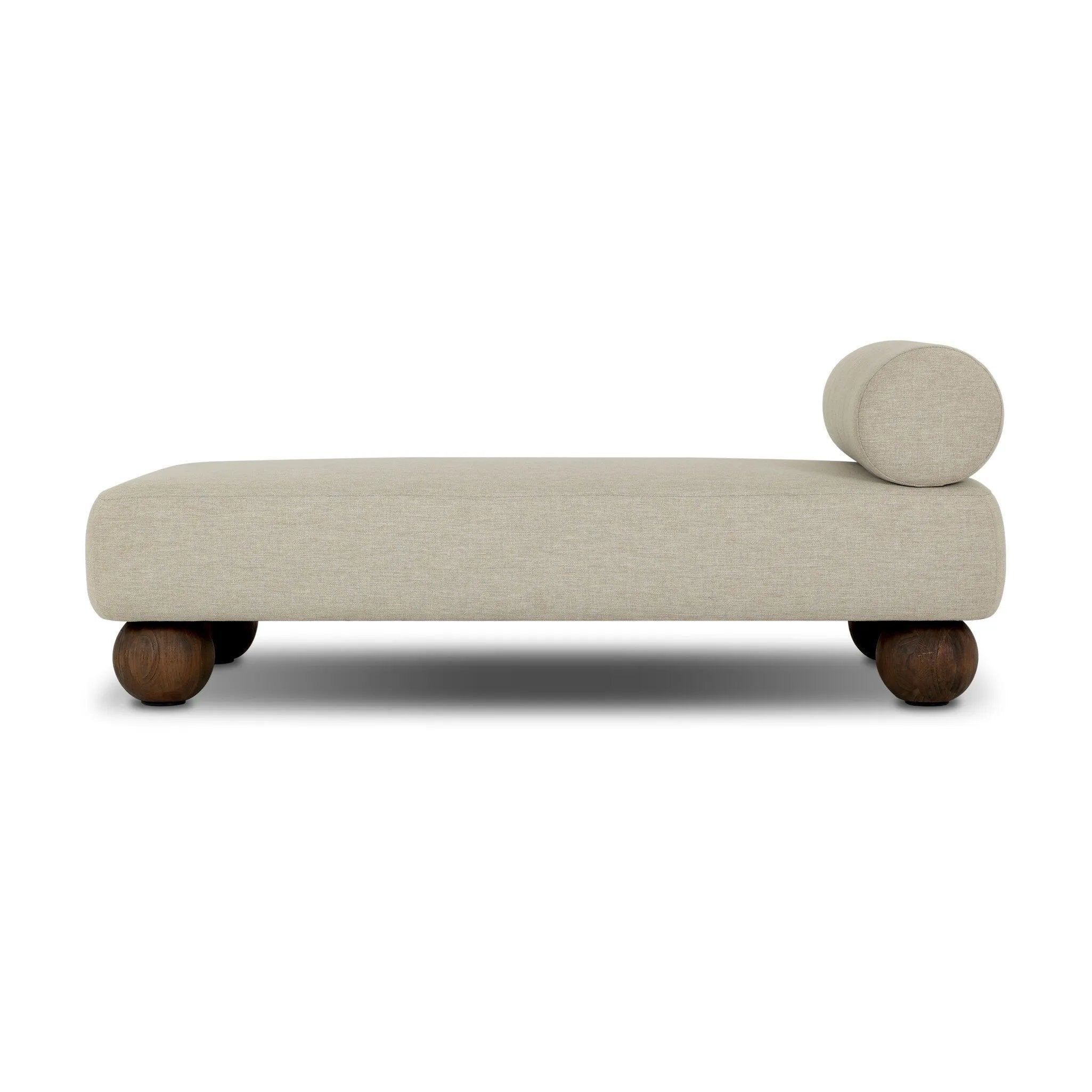 Add a little fun to your space with this boldly shaped outdoor chaise. Fully upholstered seat and bolster back finish in teak ball feet. Cover or store inside during inclement weather or when not in use.As enthusiasts of clean materials at Amethyst, we love the optimistic inspired Leilani Outdoor Chaise - Alessi Buff. Amethyst Home provides interior design, new home construction design consulting, vintage area rugs, and lighting in the Miami metro area.