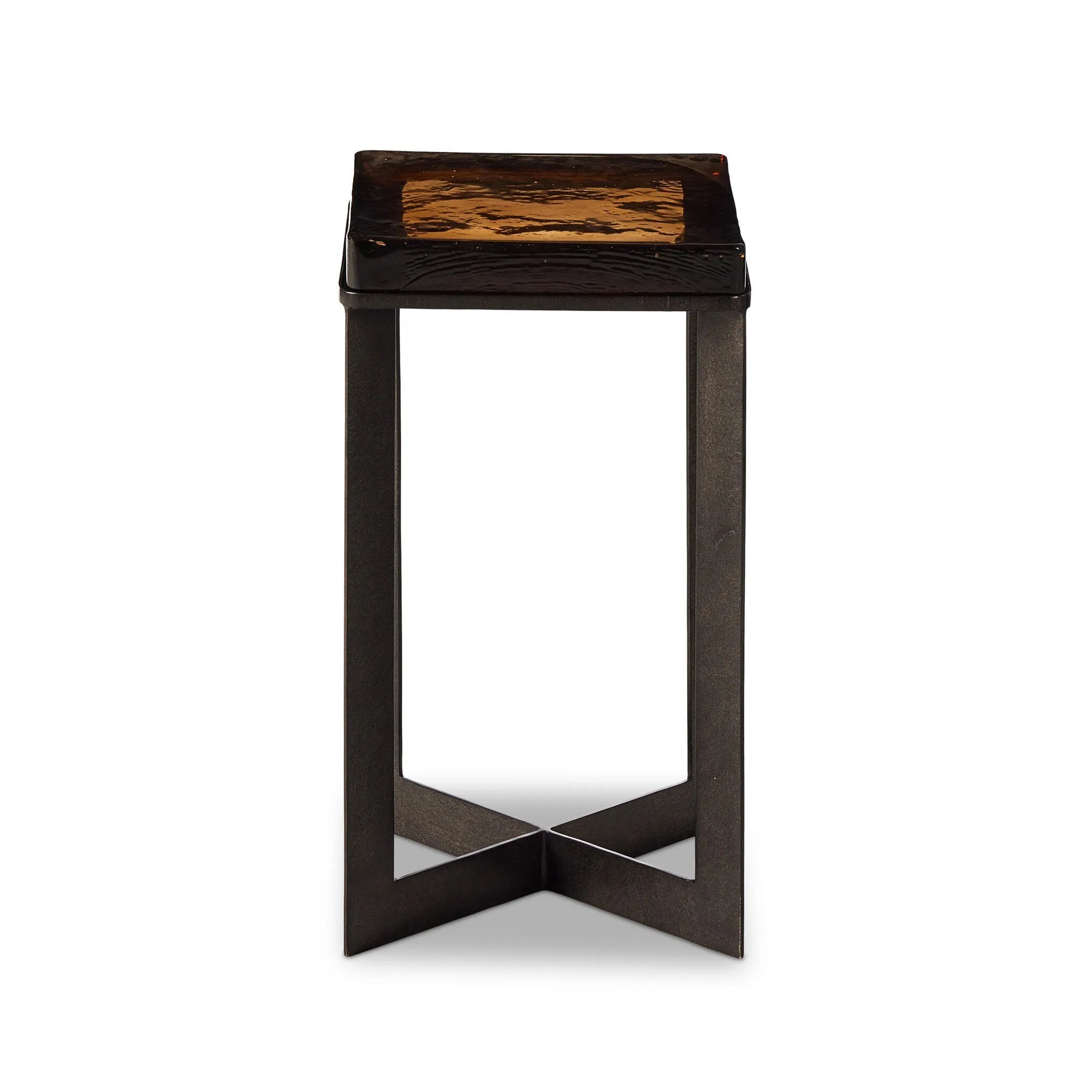 Featuring Lennie Amber Cast Glass Cast Glass End Table by Four Hands at Amethyst Home. An airy, angular base of charcoal-burnished iron supports a squared tabletop of amber cast glass, perfectly sized to keep your drink or book within reach.Overall Dimensions: 12.50"w x 12.50"d x 22.00"hWeight : 36.38 lbsMaterials : Cast Glass, Iron. Amethyst Home provides interior design, new home construction design consulting, vintage area rugs, and lighting in the Omaha metro area.