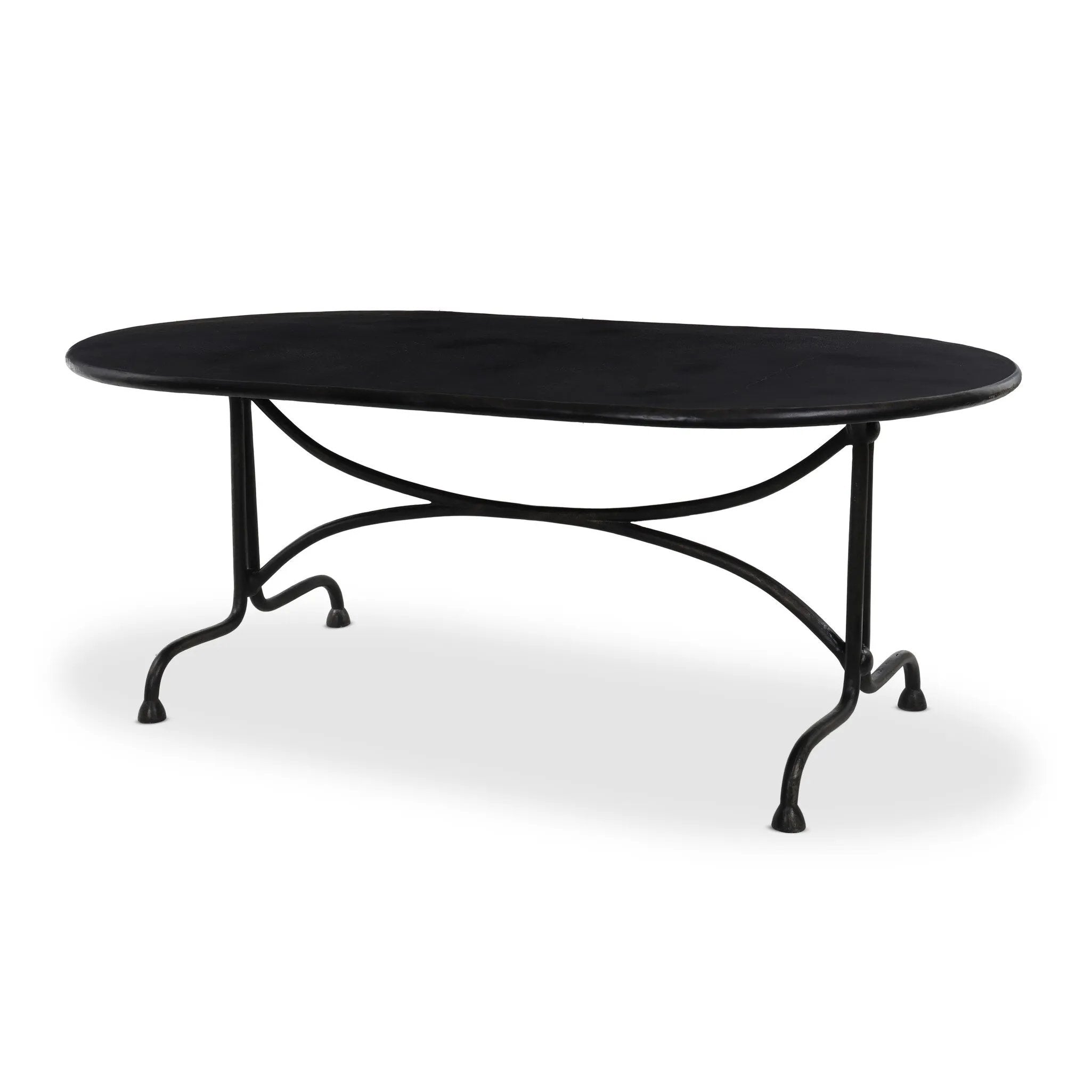 This outdoor dining table takes inspiration from French Art Deco design elements, with mirroring curves creating a sense of symmetry and fluid movement. Crafted from fully cast aluminum with a distressed bronze finish, complete with plenty of textural highs and lows to give the finish depth. Amethyst Home provides interior design, new home construction design consulting, vintage area rugs, and lighting in the San Diego metro area.