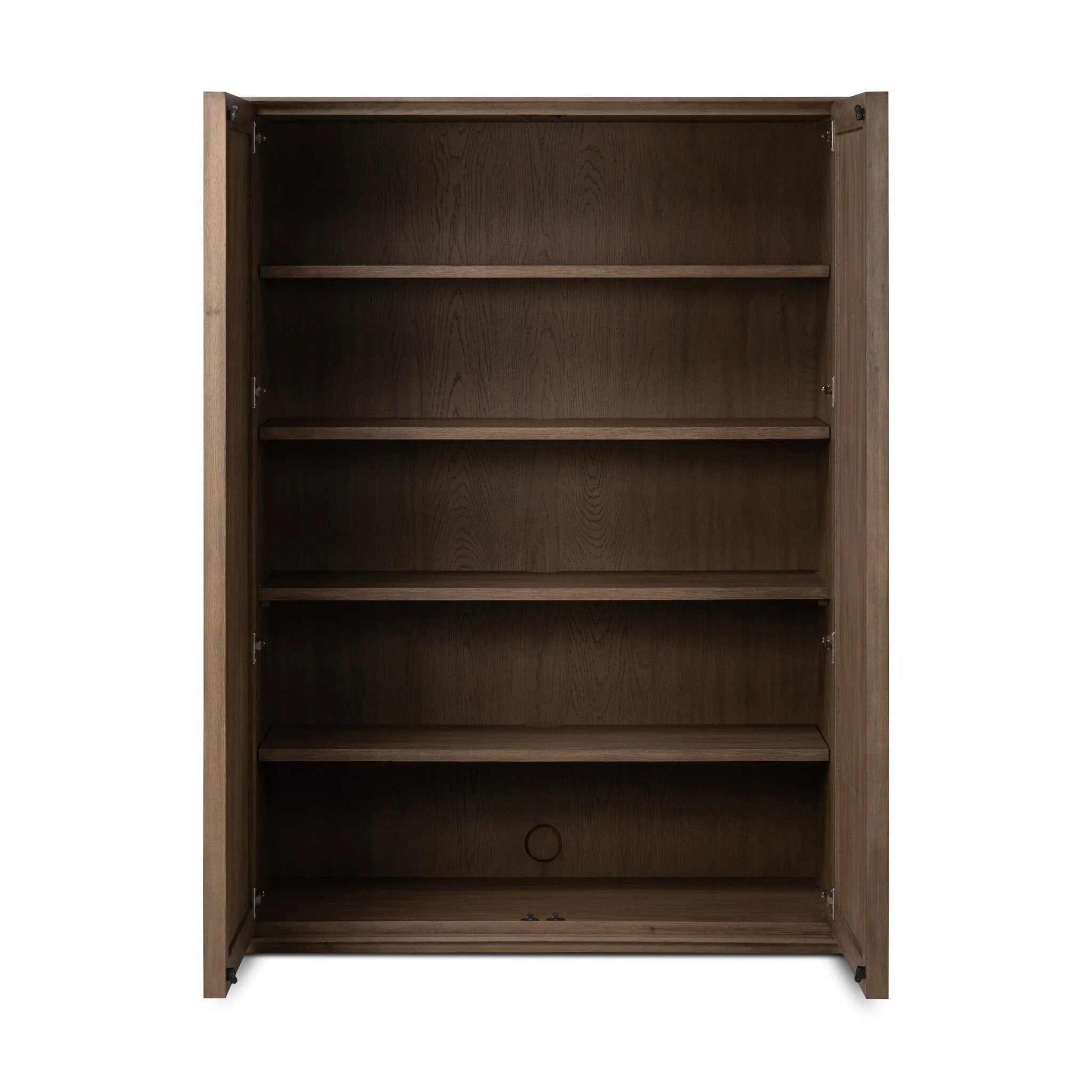 Made from rustic-finished oak with a plinth-style base, clean angles and linear reeding define this midcentury-spirited cabinet. Fully finished interior for a beautiful look inside and out. Designed in partnership with longtime Four Hands collaborator Thomas Bina and Brazilian designer Ronald Sasson. Amethyst Home provides interior design, new home construction design consulting, vintage area rugs, and lighting in the Charlotte metro area.