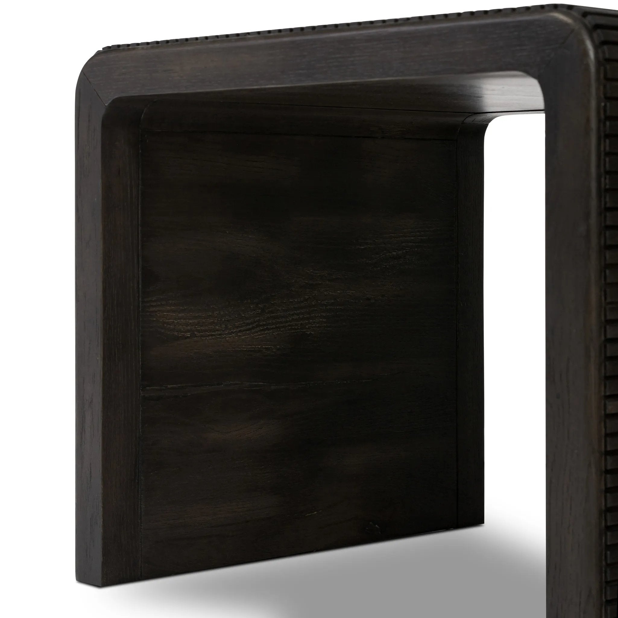 Featuring Leo Smoked Black End Table by Four Hands at Amethyst Home. Made from smoked black oak, linear reeding and a curved shape define this midcentury-spirited end table. Designed in partnership with longtime Four Hands collaborator Thomas Bina and Brazilian designer Ronald Sasson.Overall Dimensions: 27.50"w x 23.50"d x 22.00"hWeight : 65.04 lbsMaterials:. Amethyst Home provides interior design, new home construction design consulting, vintage area rugs, and lighting in the Portland metro area.