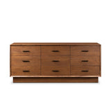 Make a subtle statement in your bedroom with a modern, architectural dresser. An exaggerated pedestal base of solid acacia supports a clean-lined case with nine roomy drawers. Iron hardware in an aged bronze finish the look.As enthusiasts of clean materials at Amethyst, we love the designer inspired Lilas 9 Drawer Dresser - Saddle Tan Veneer. Amethyst Home provides interior design, new home construction design consulting, vintage area rugs, and lighting in the Monterey metro area.