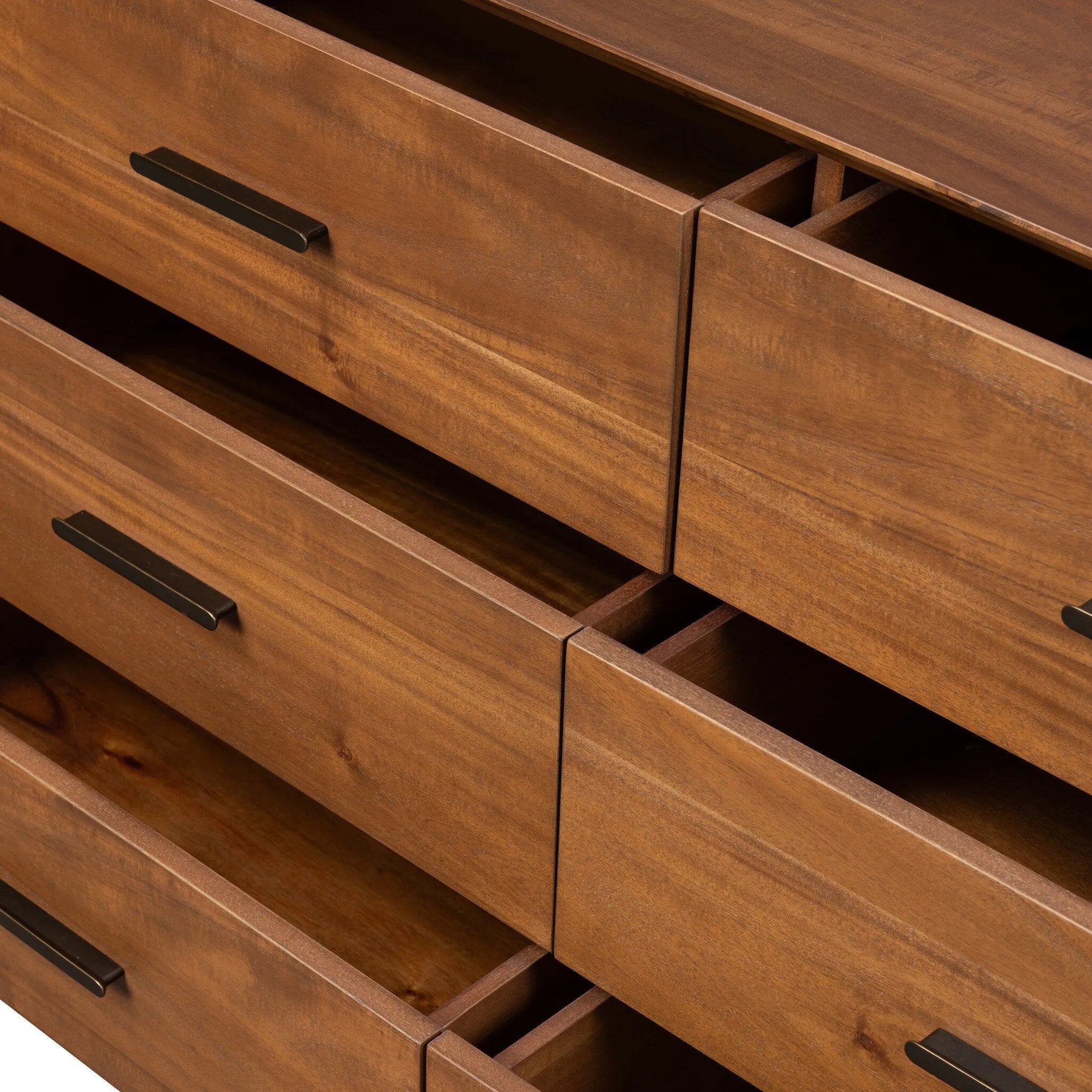 Make a subtle statement in your bedroom with a modern, architectural dresser. An exaggerated pedestal base of solid acacia supports a clean-lined case with nine roomy drawers. Iron hardware in an aged bronze finish the look.As enthusiasts of clean materials at Amethyst, we love the designer inspired Lilas 9 Drawer Dresser - Saddle Tan Veneer. Amethyst Home provides interior design, new home construction design consulting, vintage area rugs, and lighting in the Park City metro area.
