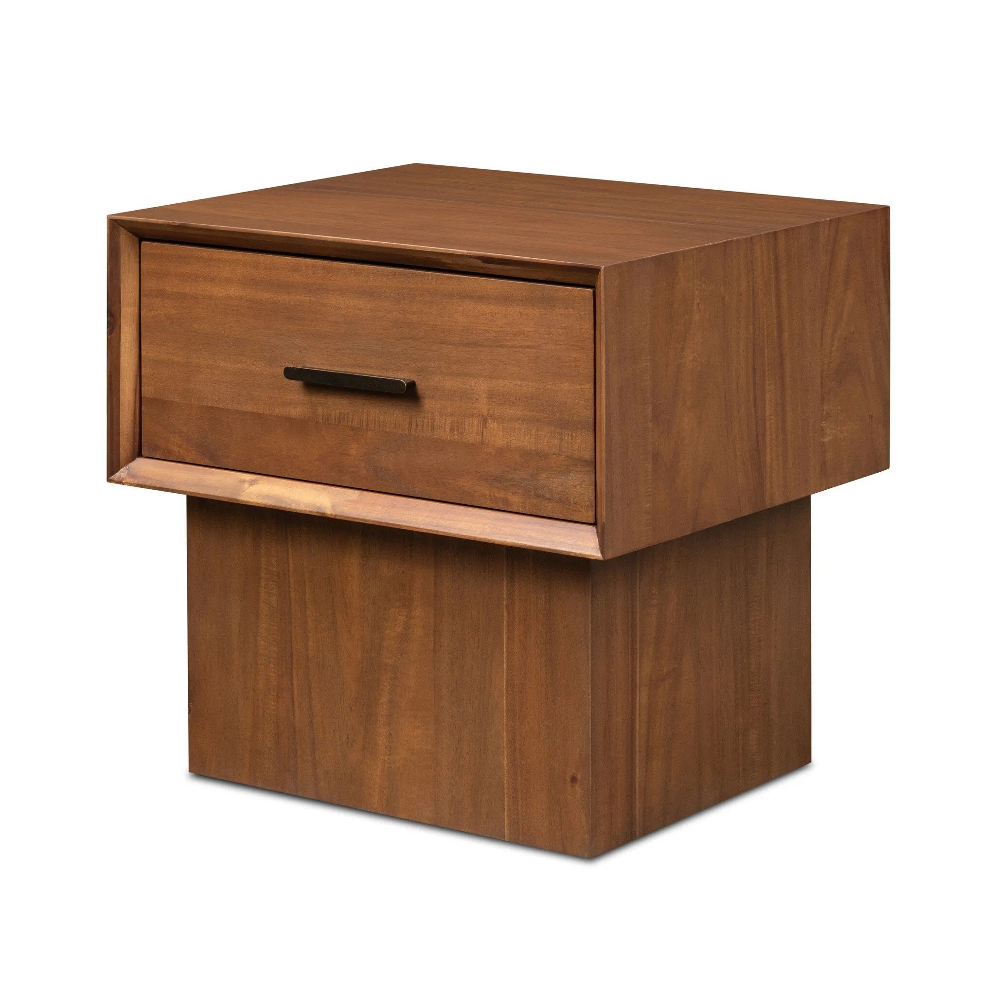 Add subtle statement to your bedside with architectural modern monolith-style nightstand. An exaggerated solid acacia pedestal elevates a matching case, while an iron handle in an aged bronze finish completes the look.As fans of wabi sabi style at Amethyst, we love the designer inspired Lilas Nightstand - Saddle Tan Veneer. Amethyst Home provides interior design, new home construction design consulting, vintage area rugs, and lighting in the Monterey metro area.