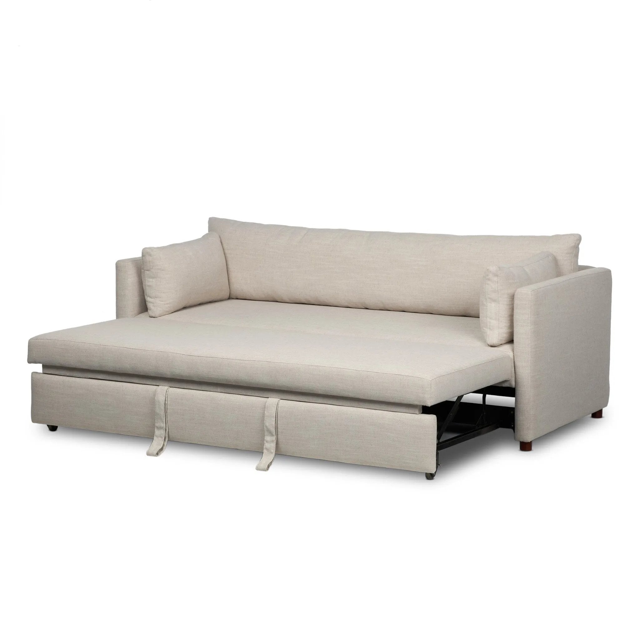 Featuring Lincoln Savoy Parchment Sleeper Sofa by Four Hands at Amethyst Home. This cleverly designed sleeper sofa hides a Queen-sized sleeping surface within its modern silhouette. With a simple roll-out and counterbalanced mechanism, it effortlessly transforms into a bed, making it a space-saving solution with hidden functionality. When unfolded, the cushion. Amethyst Home provides interior design, new home construction design consulting, vintage area rugs, and lighting in the Austin metro area.