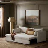 Featuring Lincoln Savoy Parchment Sleeper Sofa by Four Hands at Amethyst Home. This cleverly designed sleeper sofa hides a Queen-sized sleeping surface within its modern silhouette. With a simple roll-out and counterbalanced mechanism, it effortlessly transforms into a bed, making it a space-saving solution with hidden functionality. When unfolded, the cushion. Amethyst Home provides interior design, new home construction design consulting, vintage area rugs, and lighting in the Boston metro area.