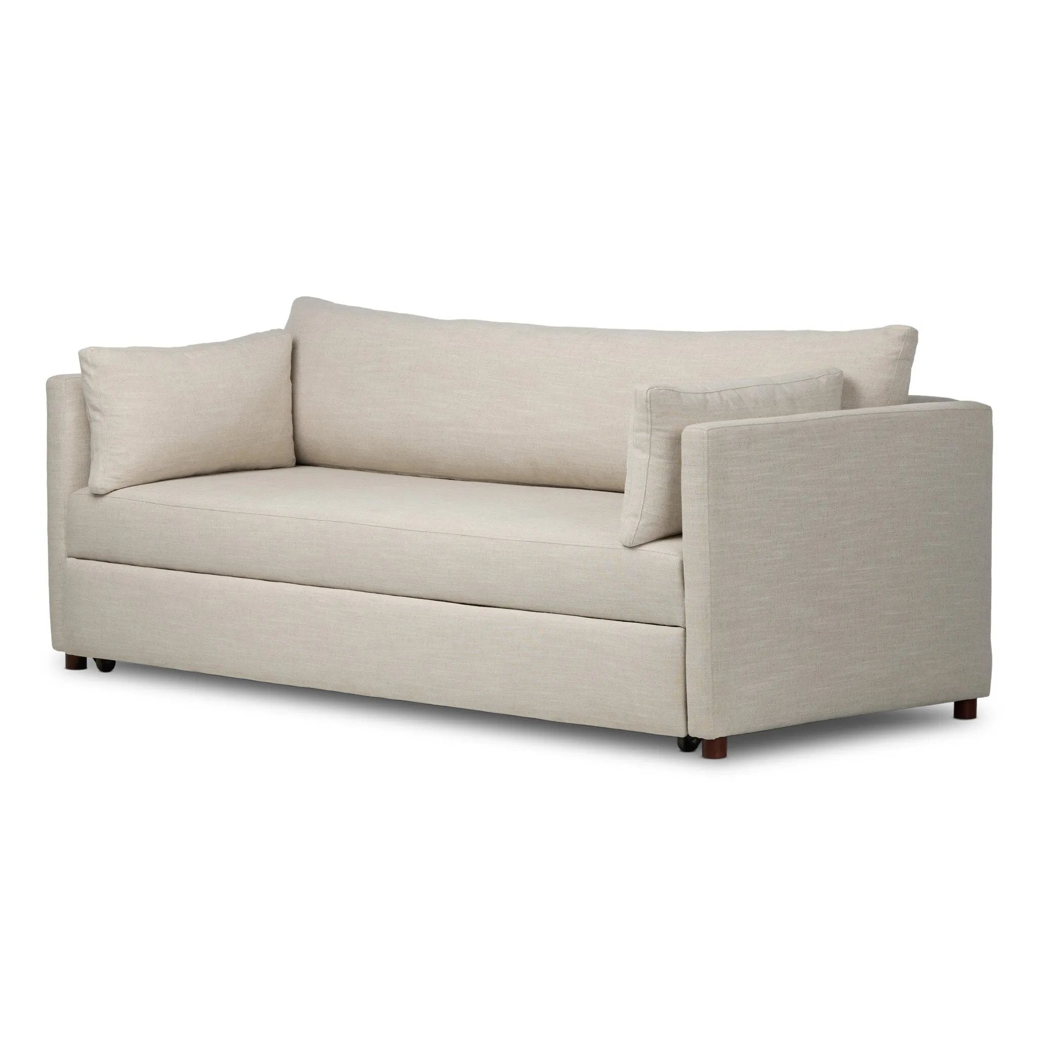 Featuring Lincoln Savoy Parchment Sleeper Sofa by Four Hands at Amethyst Home. This cleverly designed sleeper sofa hides a Queen-sized sleeping surface within its modern silhouette. With a simple roll-out and counterbalanced mechanism, it effortlessly transforms into a bed, making it a space-saving solution with hidden functionality. When unfolded, the cush. Amethyst Home provides interior design, new home construction design consulting, vintage area rugs, and lighting in the Charlotte metro area.