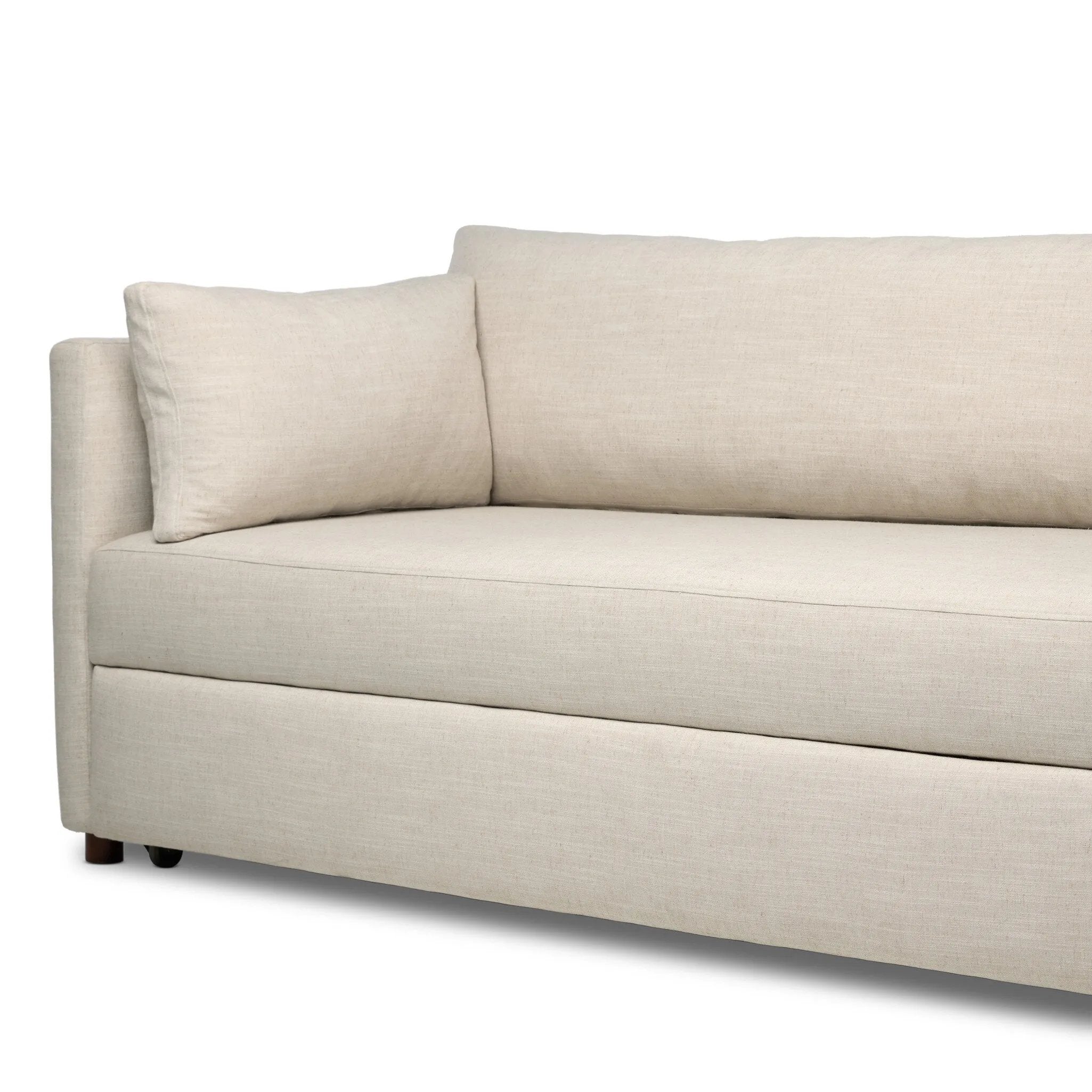Featuring Lincoln Savoy Parchment Sleeper Sofa by Four Hands at Amethyst Home. This cleverly designed sleeper sofa hides a Queen-sized sleeping surface within its modern silhouette. With a simple roll-out and counterbalanced mechanism, it effortlessly transforms into a bed, making it a space-saving solution with hidden functionality. When unfolded, the c. Amethyst Home provides interior design, new home construction design consulting, vintage area rugs, and lighting in the Laguna Beach metro area.