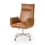 Wrapped in buttery-soft tan top-grain leather, this structured, high-back chair is designed for comfort and style. Stainless steel casters and a 360-degree swivel for ease in the modern workspace Amethyst Home provides interior design, new home construction design consulting, vintage area rugs, and lighting in the Austin metro area.