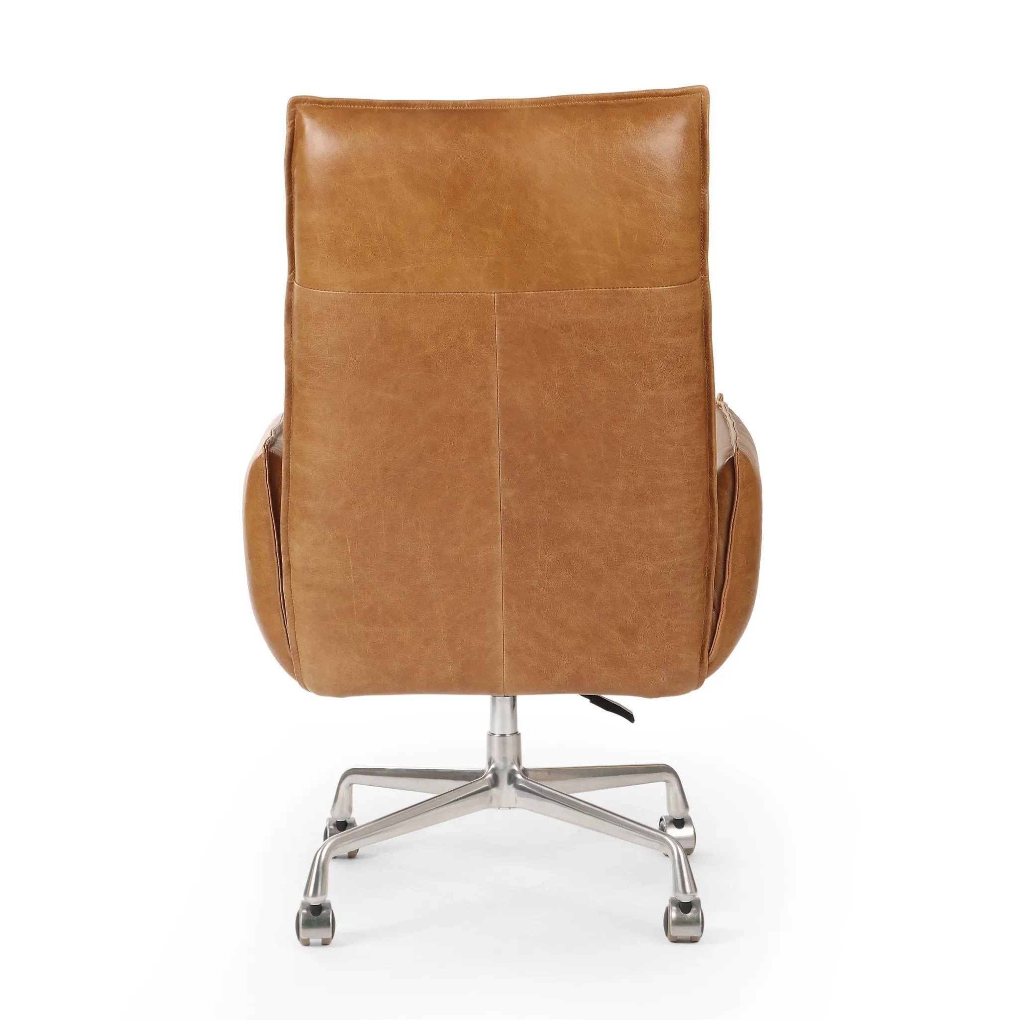 Wrapped in buttery-soft tan top-grain leather, this structured, high-back chair is designed for comfort and style. Stainless steel casters and a 360-degree swivel for ease in the modern workspace Amethyst Home provides interior design, new home construction design consulting, vintage area rugs, and lighting in the Calabasas metro area.
