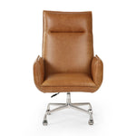Wrapped in buttery-soft tan top-grain leather, this structured, high-back chair is designed for comfort and style. Stainless steel casters and a 360-degree swivel for ease in the modern workspace Amethyst Home provides interior design, new home construction design consulting, vintage area rugs, and lighting in the Nashville metro area.