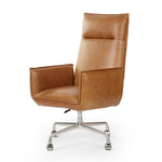 Wrapped in buttery-soft tan top-grain leather, this structured, high-back chair is designed for comfort and style. Stainless steel casters and a 360-degree swivel for ease in the modern workspace Amethyst Home provides interior design, new home construction design consulting, vintage area rugs, and lighting in the Salt Lake City metro area.
