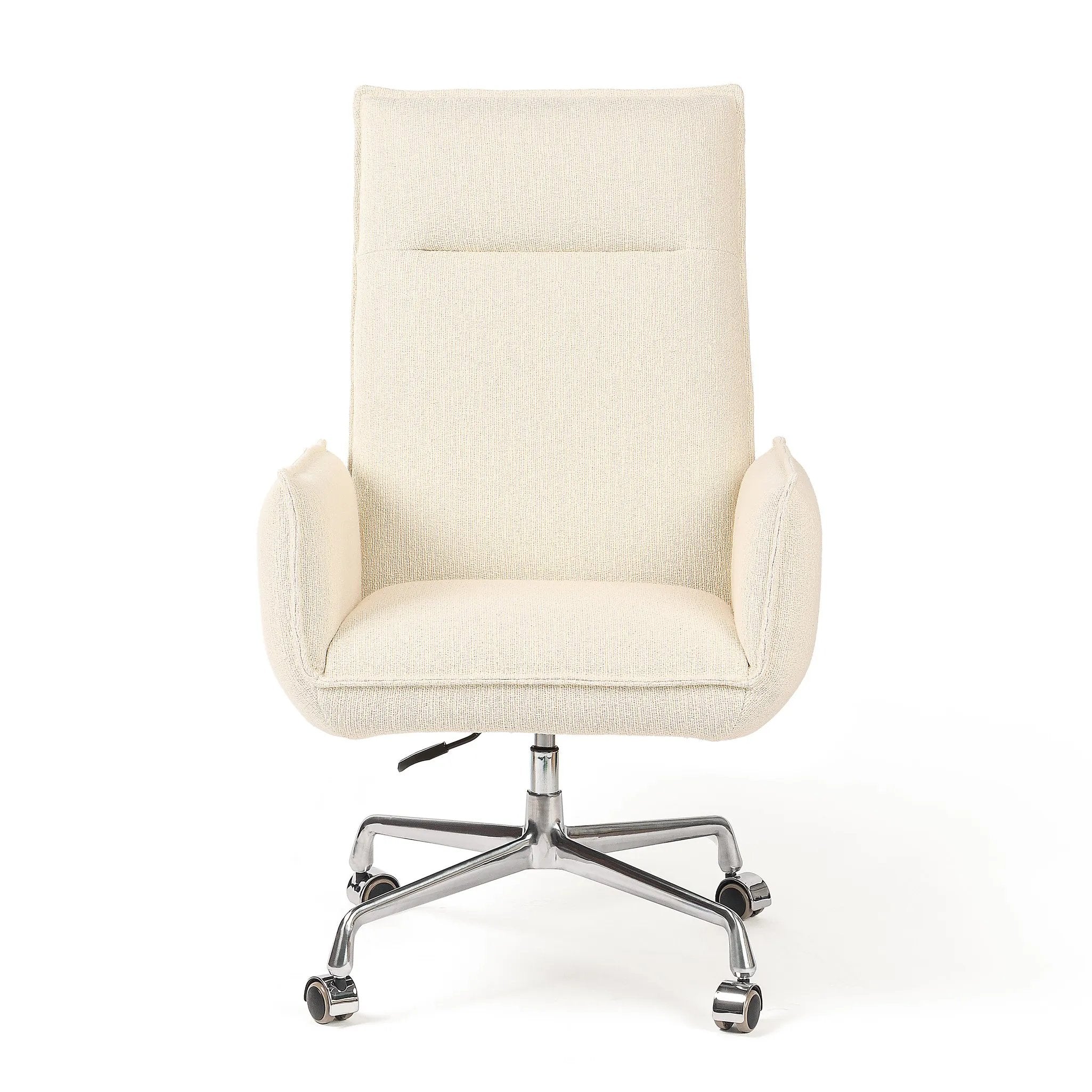 Featuring Lionel Kerbey Ivory Desk Chair by Four Hands at Amethyst Home. Wrapped in buttery-soft ivory top-grain leather, this structured, high-back chair is designed for comfort and style. Stainless steel casters and a 360-degree swivel for ease in the modern workspace.Overall Dimensions: 27.25"w x 29.00"d x 44.00"hWeight : 38.43 lbsMaterials: 96% Polyeste. Amethyst Home provides interior design, new home construction design consulting, vintage area rugs, and lighting in the Charlotte metro area.