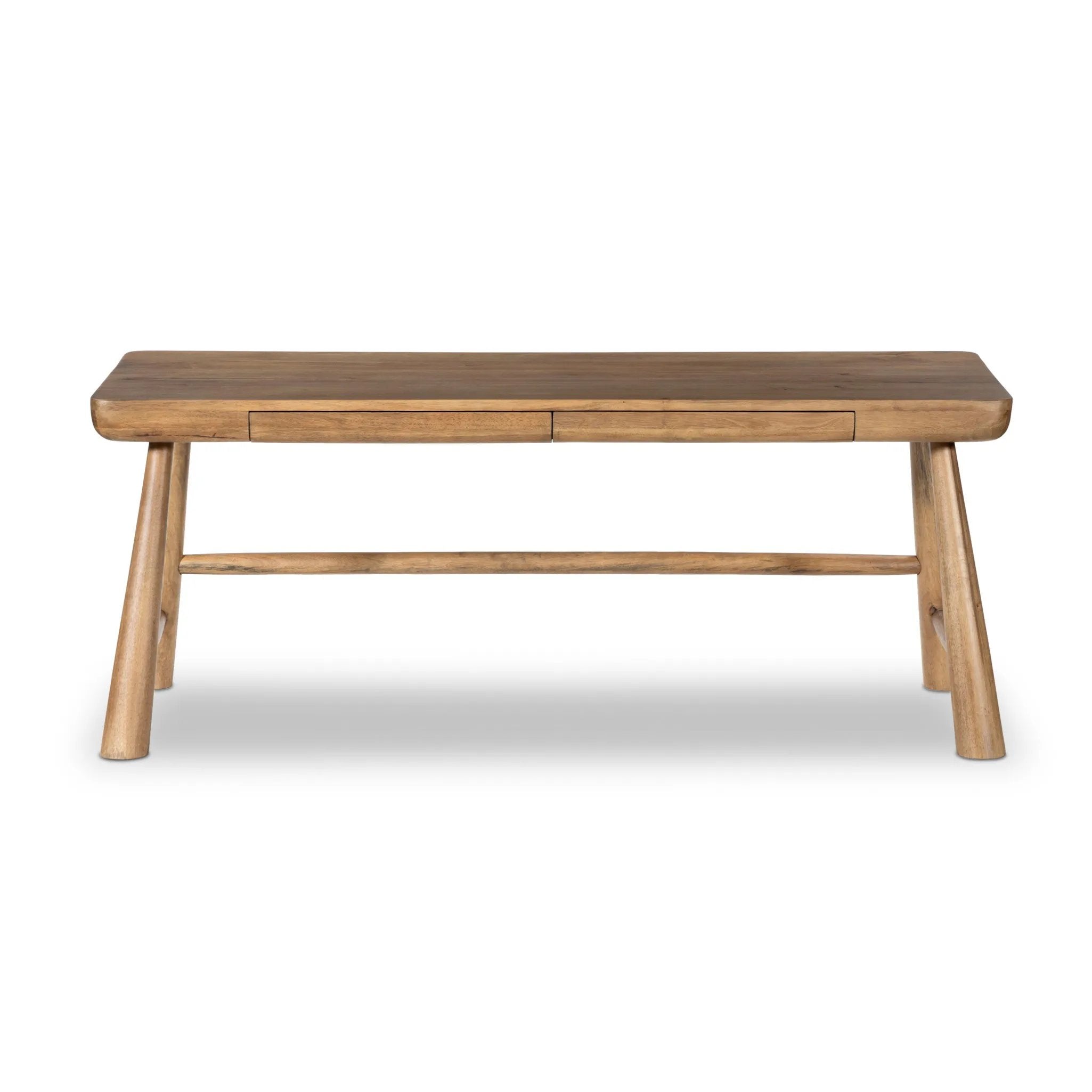 Featuring Lorik Caramel Rubberwood Desk by Four Hands at Amethyst Home. Wabi Sabi-inspired and designed with a clean, bold shape. This rustic desk features a modernized shape crafted from caramel-finished wood. Designed with cylindrical legs that are both angled and tapered for added movement. Built-in, hidden pencil drawers keep the focus on the natural gr. Amethyst Home provides interior design, new home construction design consulting, vintage area rugs, and lighting in the Charlotte metro area.