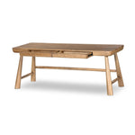 Featuring Lorik Caramel Rubberwood Desk by Four Hands at Amethyst Home. Wabi Sabi-inspired and designed with a clean, bold shape. This rustic desk features a modernized shape crafted from caramel-finished wood. Designed with cylindrical legs that are both angled and tapered for added movement. Built-in, hidden pencil drawers keep the focus on the natural graini. Amethyst Home provides interior design, new home construction design consulting, vintage area rugs, and lighting in the Omaha metro area.