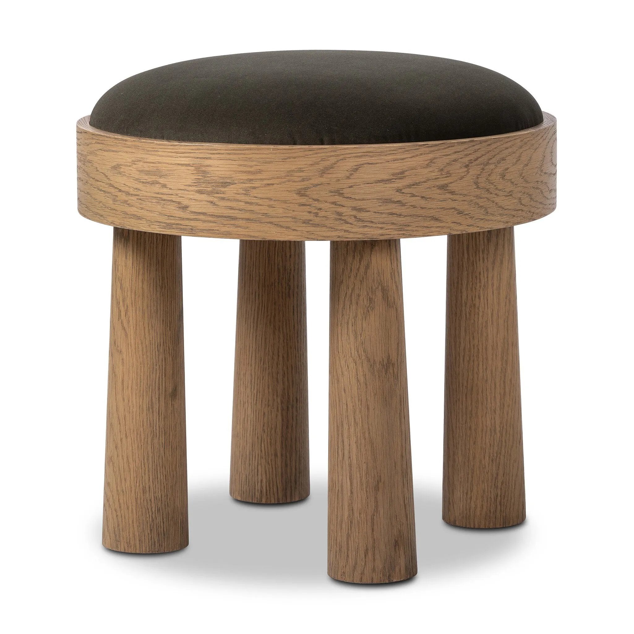 A simple, charming stool with an oak wood veneer finish and velvety upholstered seat. Tapered legs add subtle character.As fans of wabi sabi materials at Amethyst, we love the warm modern inspired Louise Accent Stool - Modern Velvet Loden. This item pairs well with other brands such as Surya and is perfect for coastal homes Amethyst Home provides interior design, new home construction design consulting, vintage area rugs, and lighting in the Washington metro area.