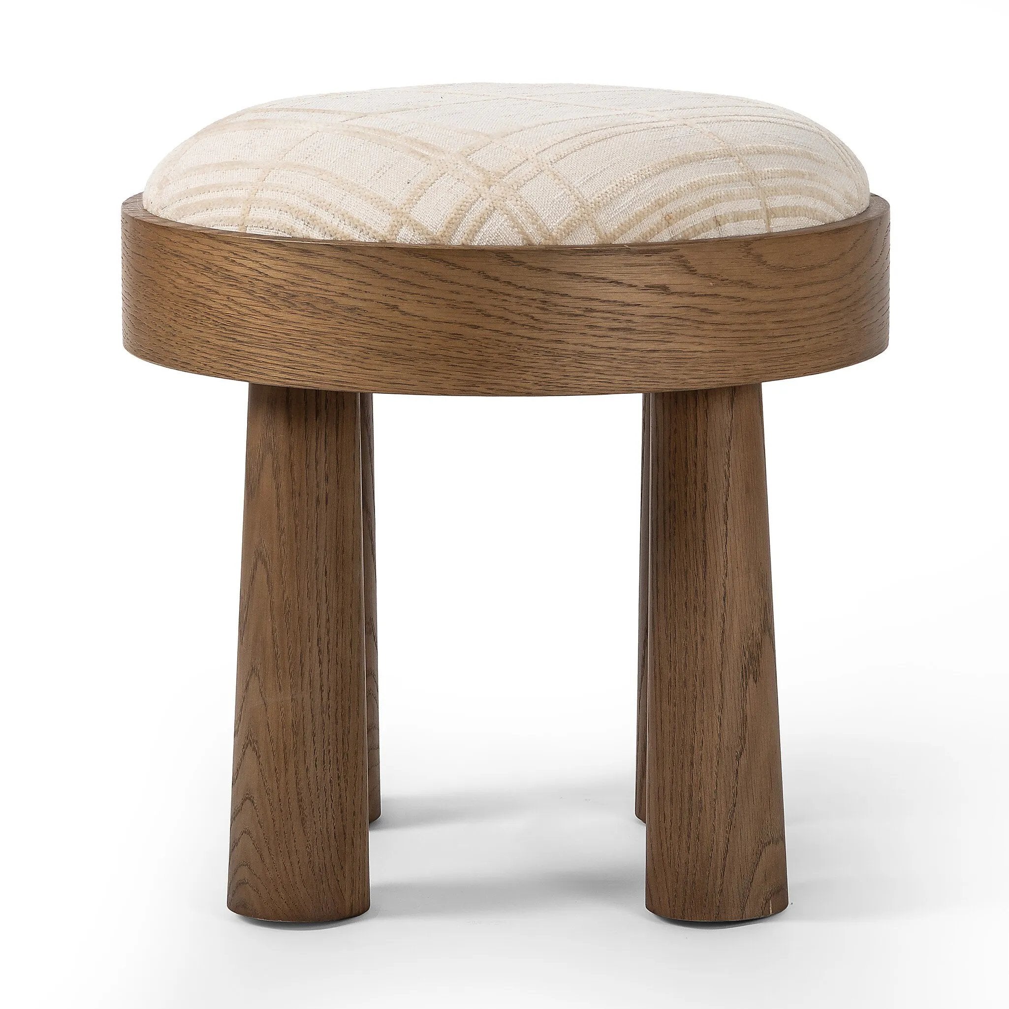 A simple, charming stool with natural oak wood veneer finish and a seat upholstered in a traditional ivory fabric with a classic box pattern. Tapered legs add subtle character.As lovers of clean design at Amethyst, we love the optimistic inspired Louise Accent Stool - Sheffield Ivory. Amethyst Home provides interior design, new home construction design consulting, vintage area rugs, and lighting in the Kansas City metro area.