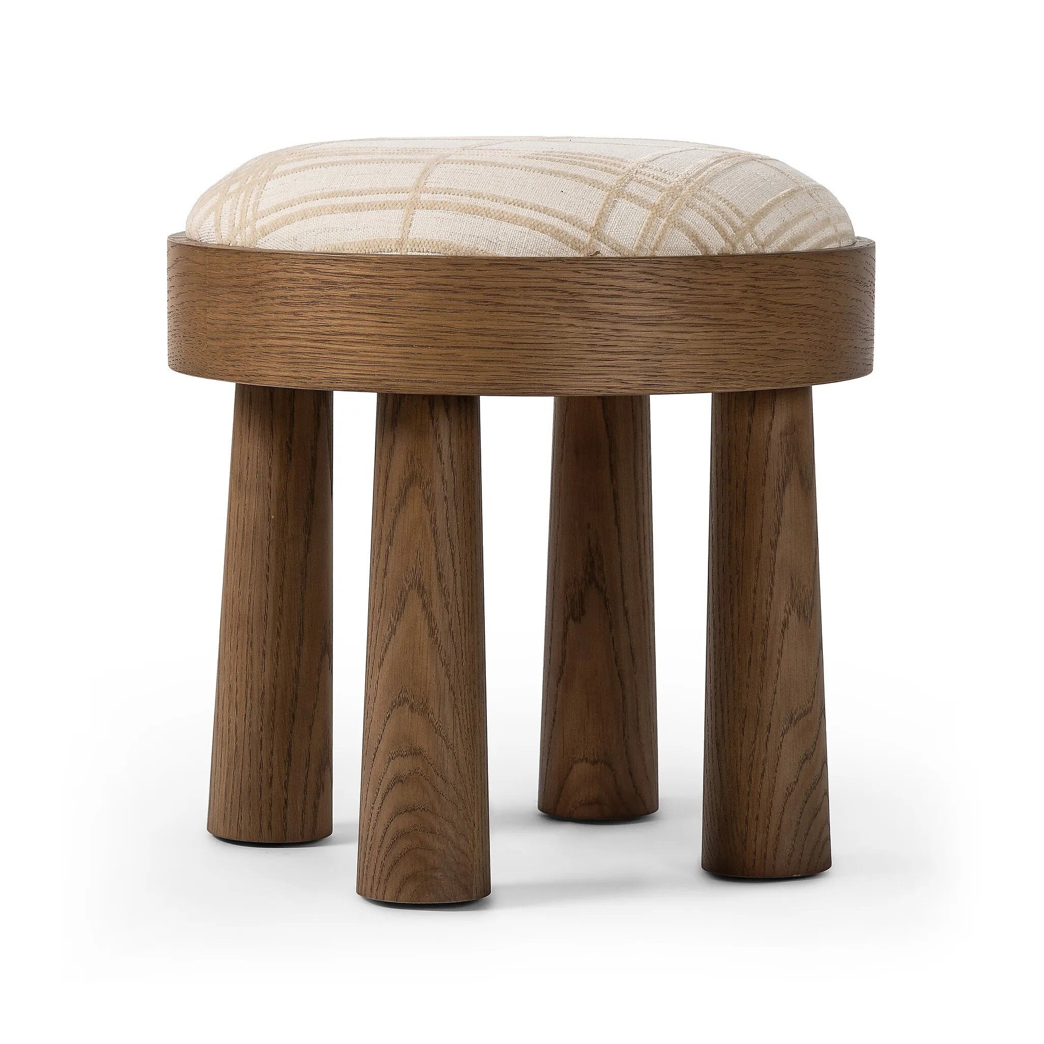 A simple, charming stool with natural oak wood veneer finish and a seat upholstered in a traditional ivory fabric with a classic box pattern. Tapered legs add subtle character.As lovers of clean design at Amethyst, we love the optimistic inspired Louise Accent Stool - Sheffield Ivory. Amethyst Home provides interior design, new home construction design consulting, vintage area rugs, and lighting in the Tampa metro area.