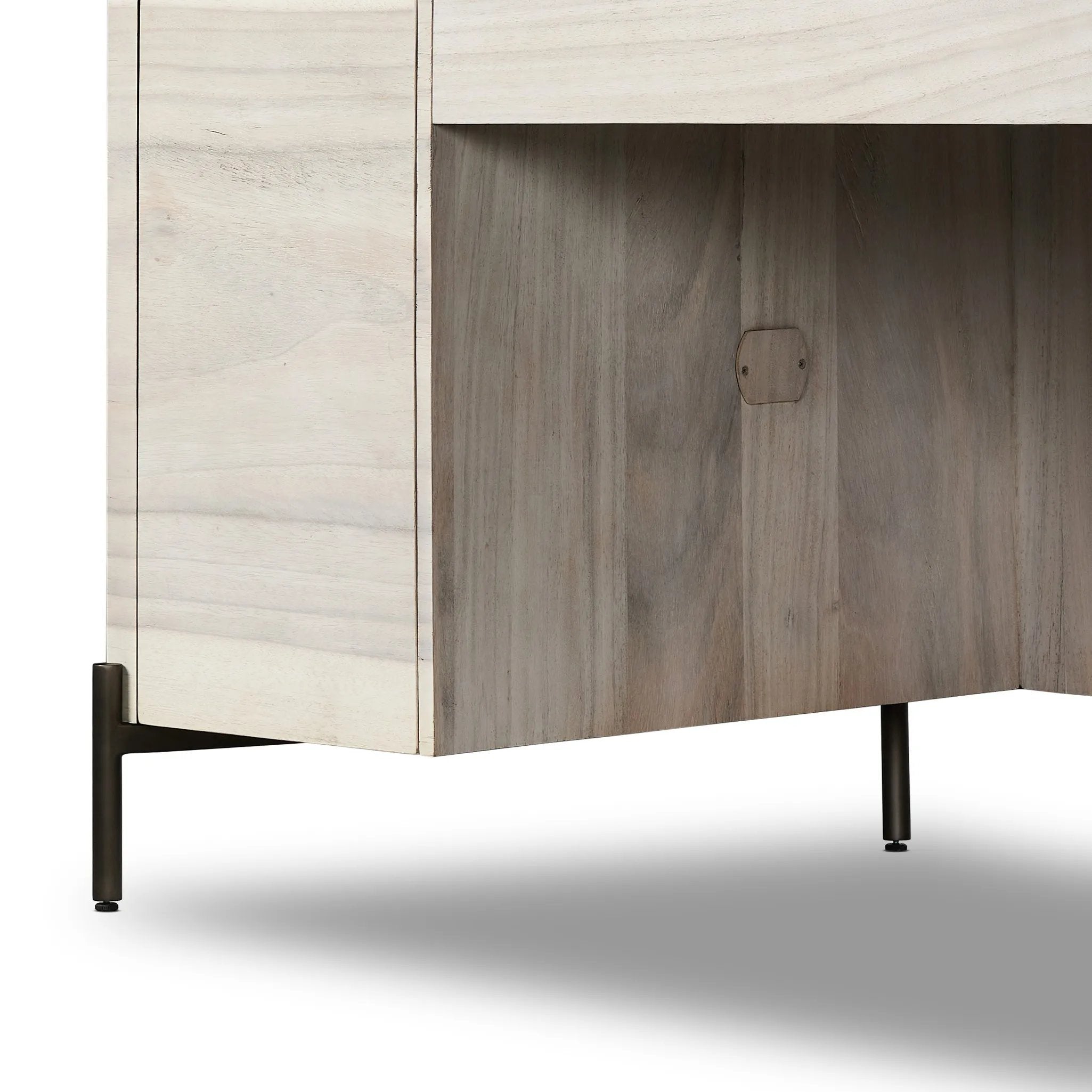 Featuring Lunas Bleached Guanacaste Executive Desk by Four Hands at Amethyst Home. With soft, fluid shaping, bleached Guanacaste forms a sculpted silhouette, with natural high and lows. Dual push-latch doors and interior shelving offer ample storage space. A fully finished front and back offer the option for float styling within a room.Overall Dimensions: . Amethyst Home provides interior design, new home construction design consulting, vintage area rugs, and lighting in the Washington metro area.
