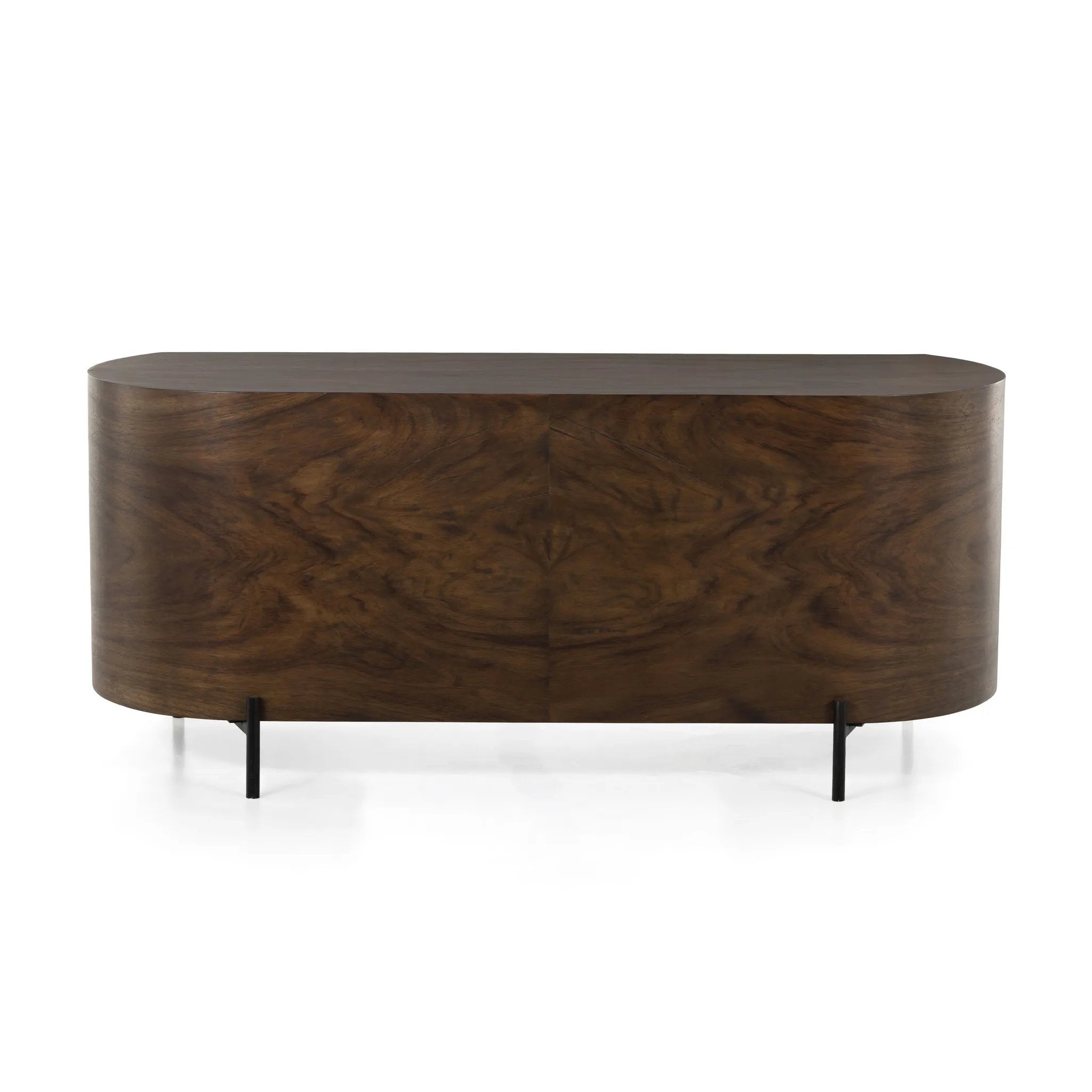 With soft, fluid shaping, caramel-colored Guanacaste forms a beautifully sculpted silhouette, with natural high and lowlights coursing the entirety of this unique executive desk. Dual push-latch doors plus interior shelving offer ample storage space, while a fully finished front and back offer the option for float styling within a room Amethyst Home provides interior design, new home construction design consulting, vintage area rugs, and lighting in the Los Angeles metro area.