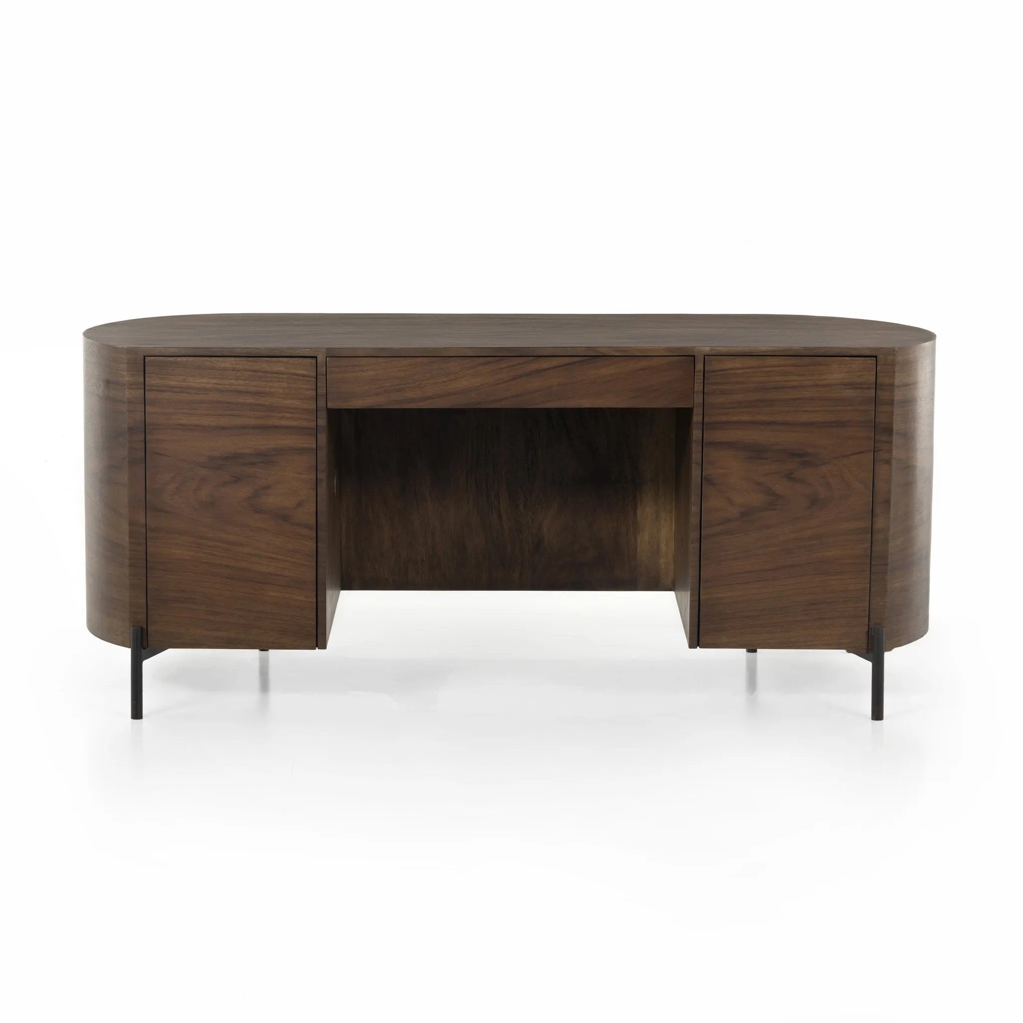 With soft, fluid shaping, caramel-colored Guanacaste forms a beautifully sculpted silhouette, with natural high and lowlights coursing the entirety of this unique executive desk. Dual push-latch doors plus interior shelving offer ample storage space, while a fully finished front and back offer the option for float styling within a room Amethyst Home provides interior design, new home construction design consulting, vintage area rugs, and lighting in the Washington metro area.