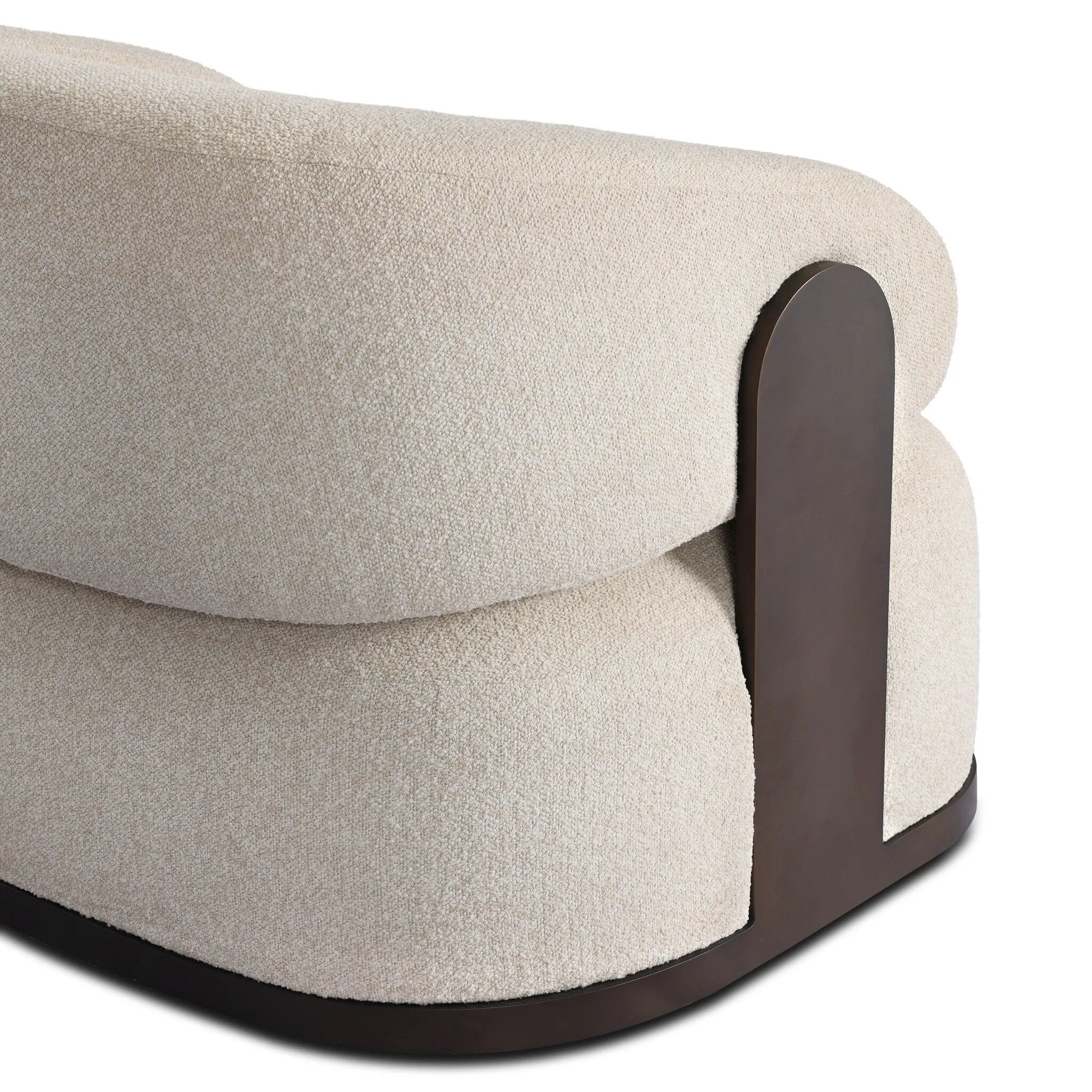 A playful outdoor chair silhouette with a 360 swivel base. The yolk-shaped back is framed by sleek metal accents, adding visual contrast to the exploded boucle upholstery on the thick seat cushion and curved back. Cover or store inside during inclement weather and when not in use. Amethyst Home provides interior design, new home construction design consulting, vintage area rugs, and lighting in the Des Moines metro area.