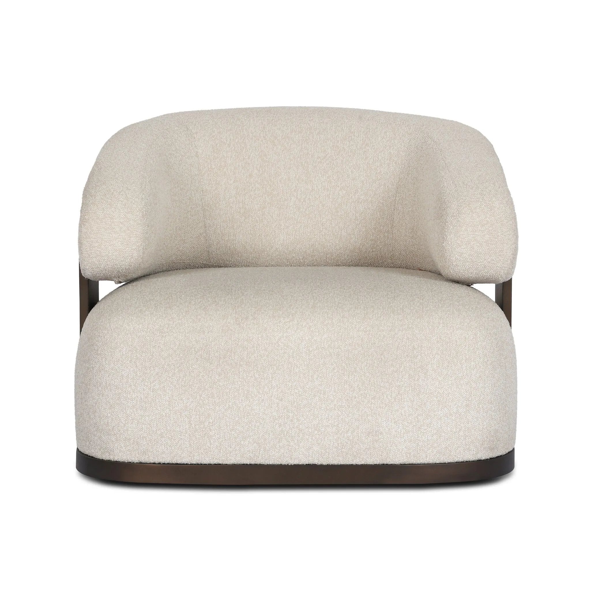 A playful outdoor chair silhouette with a 360 swivel base. The yolk-shaped back is framed by sleek metal accents, adding visual contrast to the exploded boucle upholstery on the thick seat cushion and curved back. Cover or store inside during inclement weather and when not in use. Amethyst Home provides interior design, new home construction design consulting, vintage area rugs, and lighting in the Newport Beach metro area.