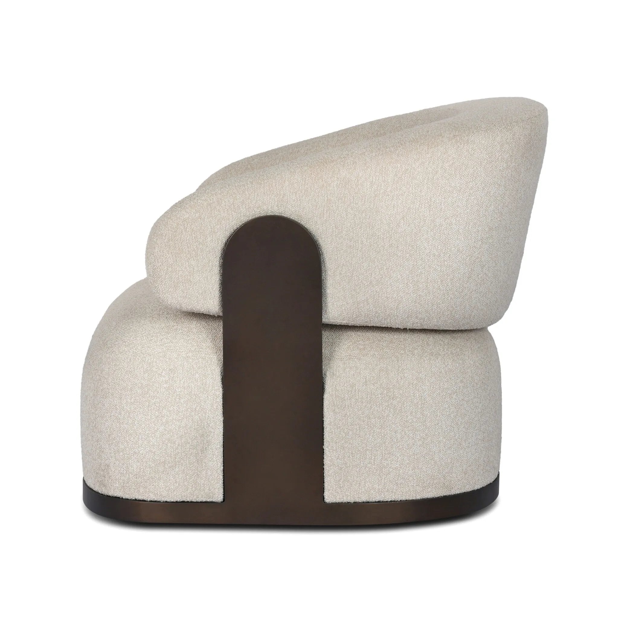 A playful outdoor chair silhouette with a 360 swivel base. The yolk-shaped back is framed by sleek metal accents, adding visual contrast to the exploded boucle upholstery on the thick seat cushion and curved back. Cover or store inside during inclement weather and when not in use. Amethyst Home provides interior design, new home construction design consulting, vintage area rugs, and lighting in the Tampa metro area.
