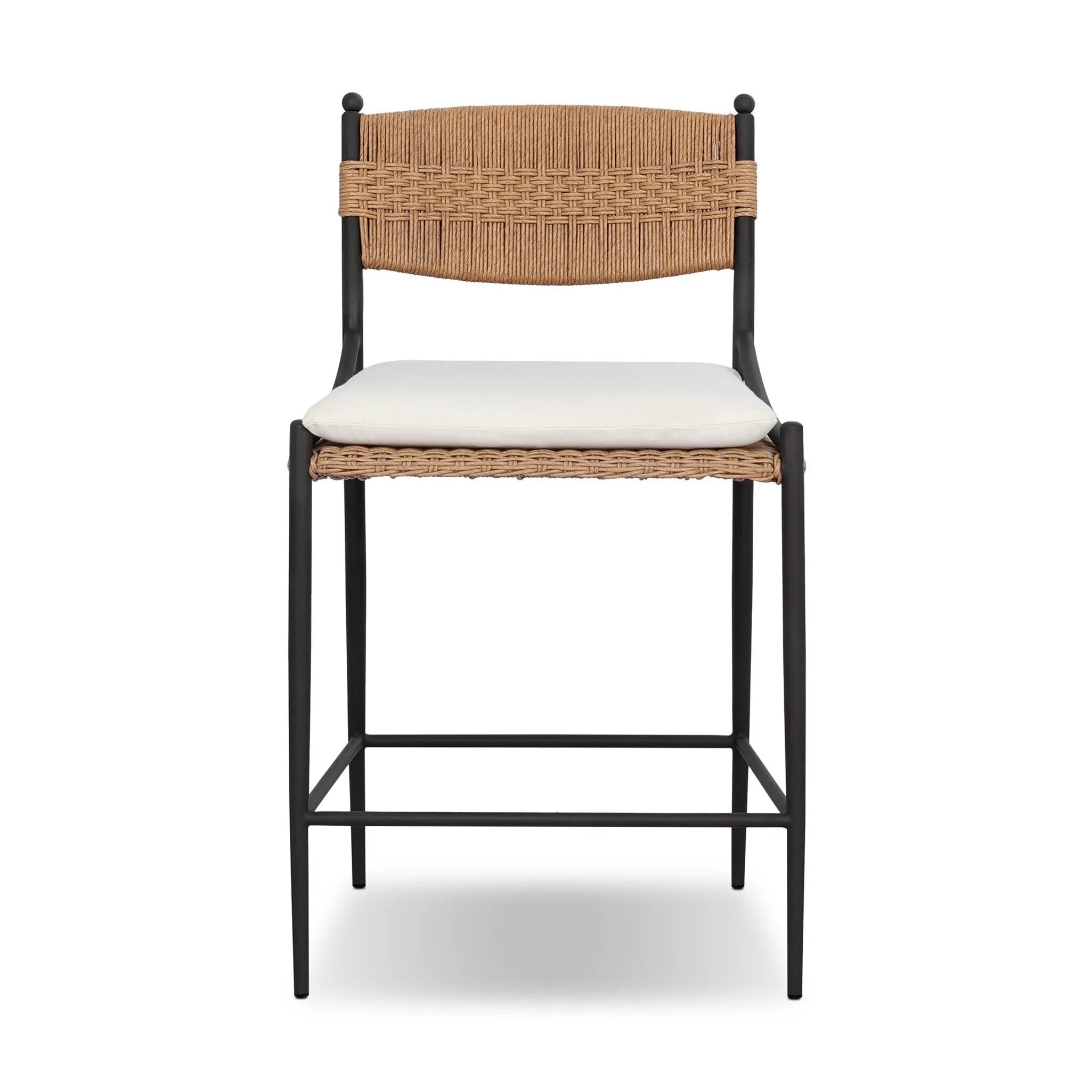 A modern take on traditional weaving patterns centers this outdoor counter stool. Subtly arched metal framing details and a relaxed knife-edge seat cushion invite softness. Cover or store inside during inclement weather and when not in use. A design collaboration by Amber Lewis and Four Hands. Amethyst Home provides interior design, new home construction design consulting, vintage area rugs, and lighting in the Des Moines metro area.