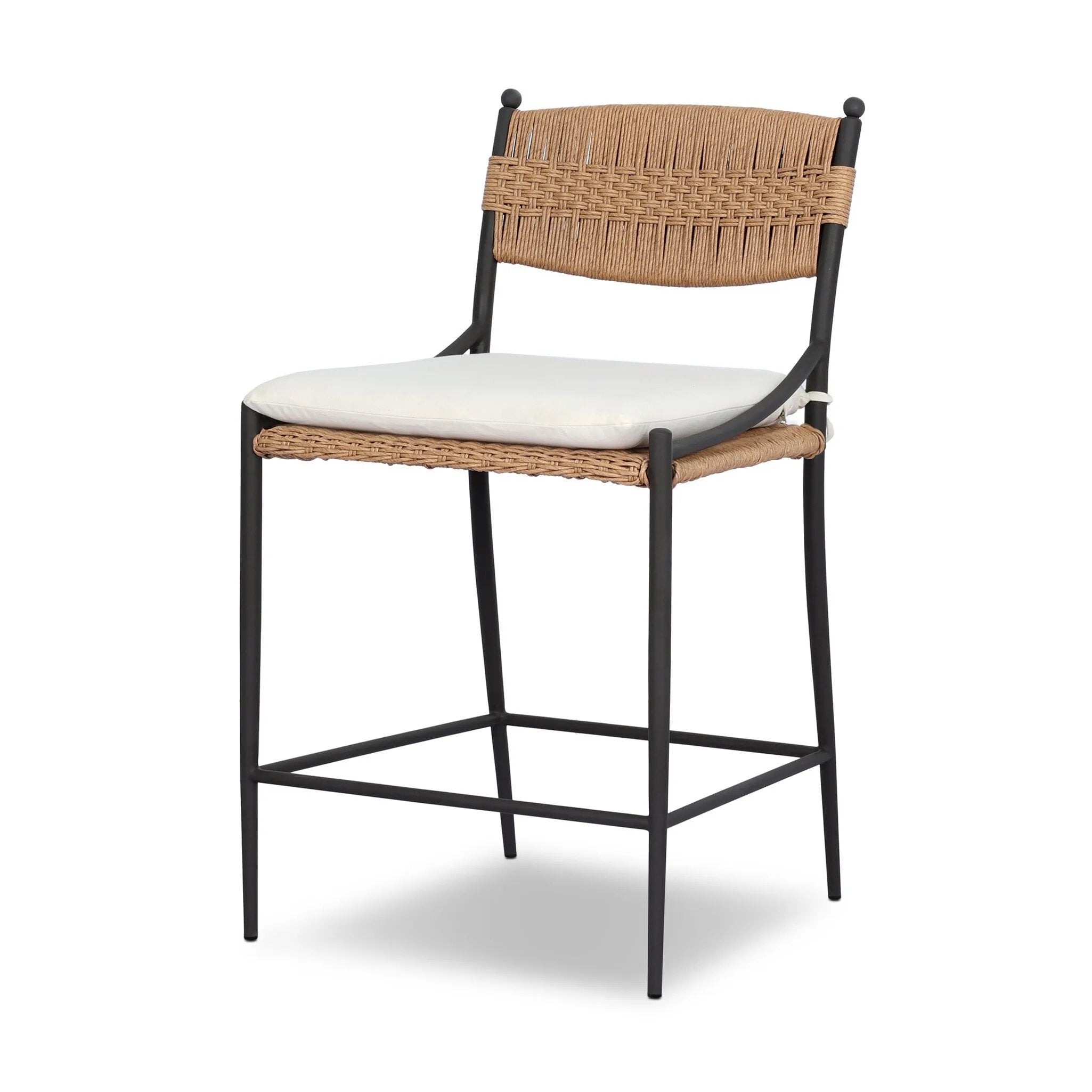 A modern take on traditional weaving patterns centers this outdoor counter stool. Subtly arched metal framing details and a relaxed knife-edge seat cushion invite softness. Cover or store inside during inclement weather and when not in use. A design collaboration by Amber Lewis and Four Hands. Amethyst Home provides interior design, new home construction design consulting, vintage area rugs, and lighting in the Los Angeles metro area.