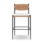 A modern take on traditional weaving patterns centers this outdoor counter stool. Subtly arched metal framing details and a relaxed knife-edge seat cushion invite softness. Cover or store inside during inclement weather and when not in use. A design collaboration by Amber Lewis and Four Hands. Amethyst Home provides interior design, new home construction design consulting, vintage area rugs, and lighting in the San Diego metro area.