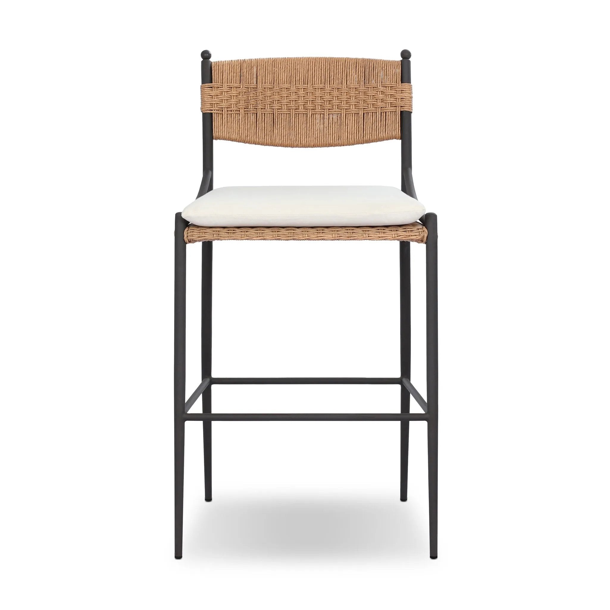 A modern take on traditional weaving patterns centers this outdoor counter stool. Subtly arched metal framing details and a relaxed knife-edge seat cushion invite softness. Cover or store inside during inclement weather and when not in use. A design collaboration by Amber Lewis and Four Hands. Amethyst Home provides interior design, new home construction design consulting, vintage area rugs, and lighting in the San Diego metro area.