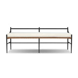 A modern take on traditional weaving patterns centers this outdoor dining bench. Subtly arched metal framing details and a relaxed knife-edge seat cushion invite softness. Cover or store inside during inclement weather and when not in use. A design collaboration by Amber Lewis and Four Hands. Amethyst Home provides interior design, new home construction design consulting, vintage area rugs, and lighting in the Miami metro area.