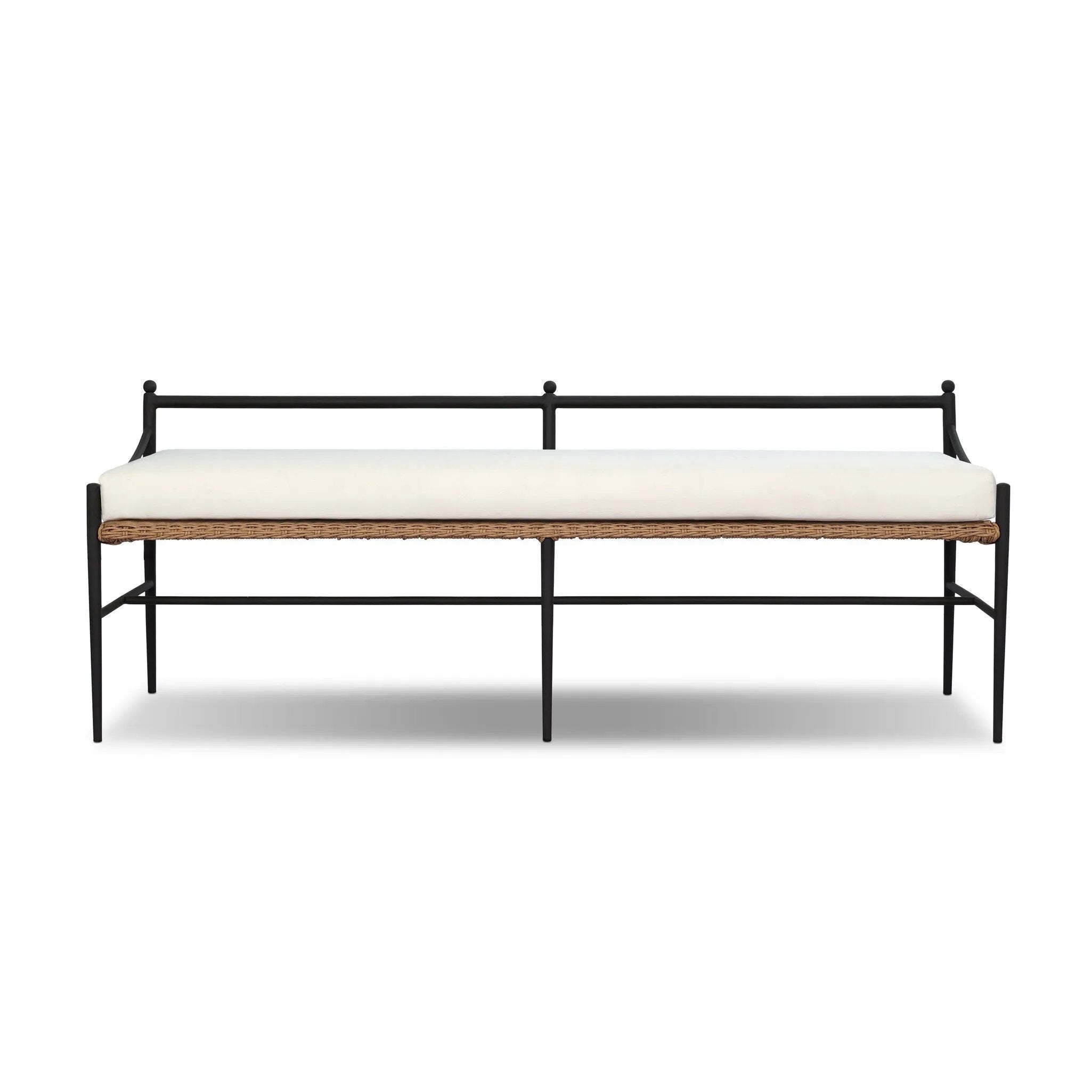 A modern take on traditional weaving patterns centers this outdoor dining bench. Subtly arched metal framing details and a relaxed knife-edge seat cushion invite softness. Cover or store inside during inclement weather and when not in use. A design collaboration by Amber Lewis and Four Hands. Amethyst Home provides interior design, new home construction design consulting, vintage area rugs, and lighting in the Miami metro area.