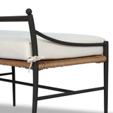A modern take on traditional weaving patterns centers this outdoor dining bench. Subtly arched metal framing details and a relaxed knife-edge seat cushion invite softness. Cover or store inside during inclement weather and when not in use. A design collaboration by Amber Lewis and Four Hands. Amethyst Home provides interior design, new home construction design consulting, vintage area rugs, and lighting in the Park City metro area.