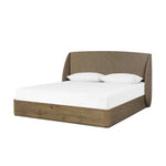 Featuring Maeve Laken Taupe Bed by Four Hands at Amethyst Home. Clean lines meet contoured curves for a timeless bedroom look. A petal-shaped shelter overlaps side rails for a unique,  comforting silhouette. Fully upholstered in a versatile taupe that complements a wide range of color palettes, all grounded by a rich oak base. Overall Dimensions: Queen:
70. Amethyst Home provides interior design, new home construction design consulting, vintage area rugs, and lighting in the Alpharetta metro area.