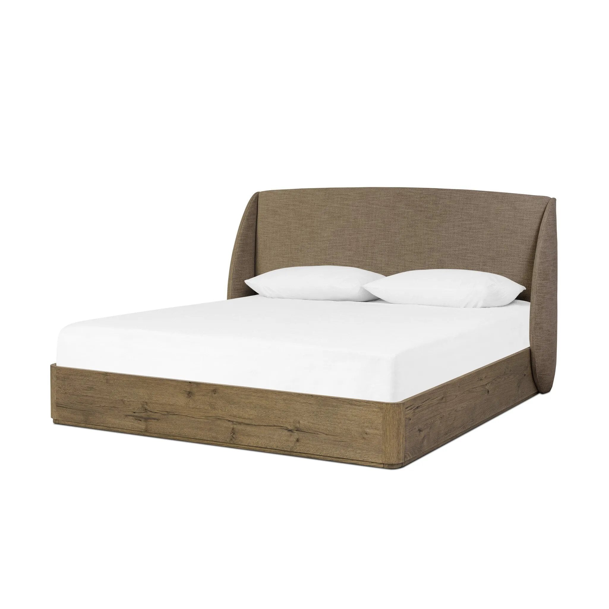 Featuring Maeve Laken Taupe Bed by Four Hands at Amethyst Home. Clean lines meet contoured curves for a timeless bedroom look. A petal-shaped shelter overlaps side rails for a unique,  comforting silhouette. Fully upholstered in a versatile taupe that complements a wide range of color palettes, all grounded by a rich oak base. Overall Dimensions: Queen:
70. Amethyst Home provides interior design, new home construction design consulting, vintage area rugs, and lighting in the Alpharetta metro area.